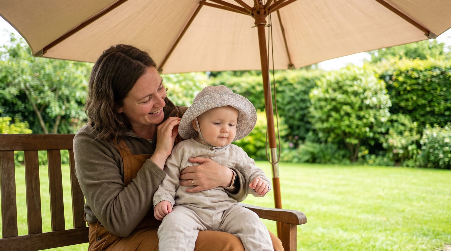 A carer adjusts a baby's sunhat while they sit fully in shade beneath a garden parasol.