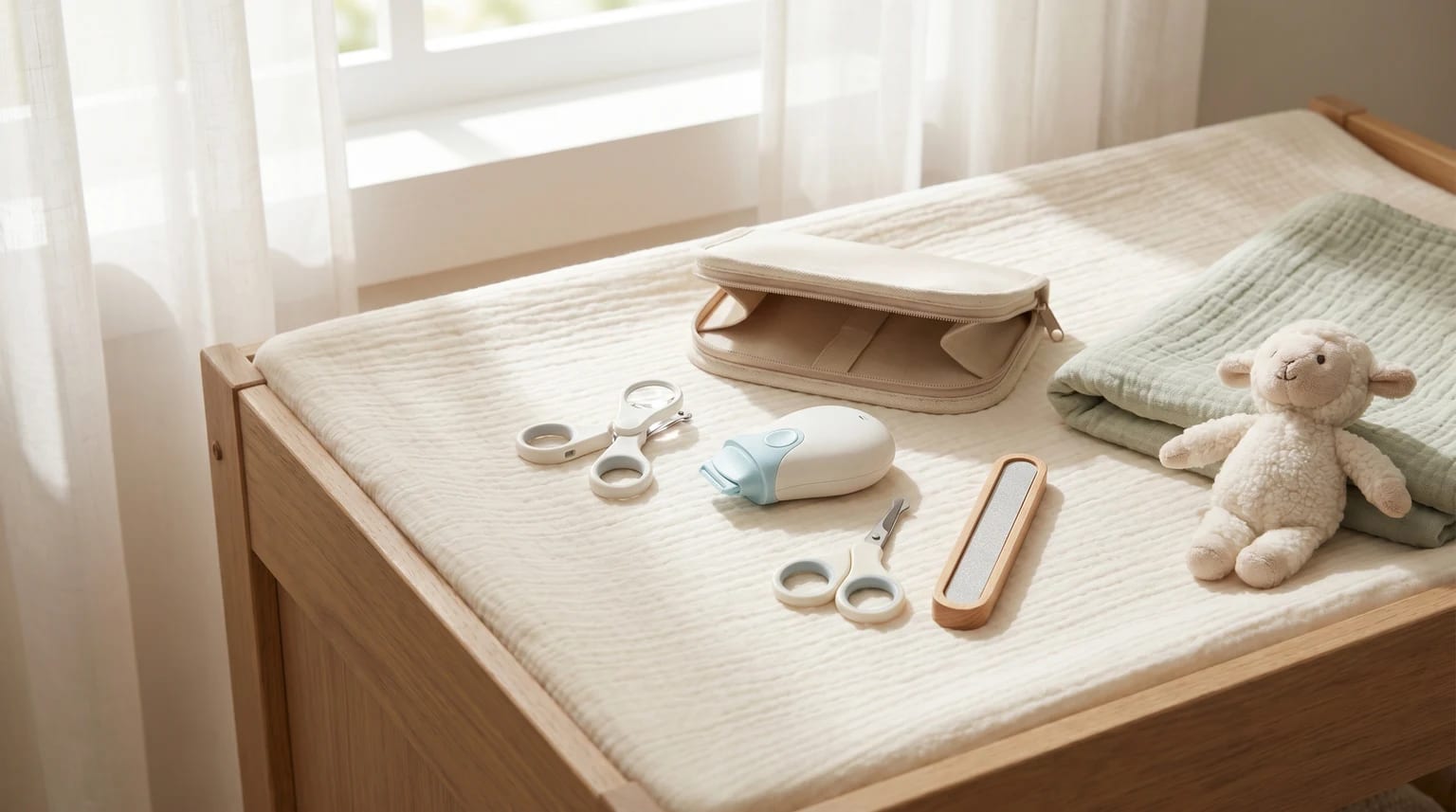 A selection of baby nail care tools, including clippers and an electric file, laid out on a changing mat beside a soft lamb toy.