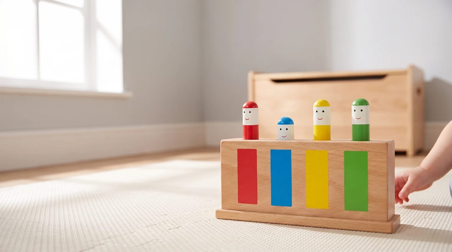 A wooden pop-up toy with four colourful, smiling pegs sits on a play mat, with a baby's hand reaching for it from the right.