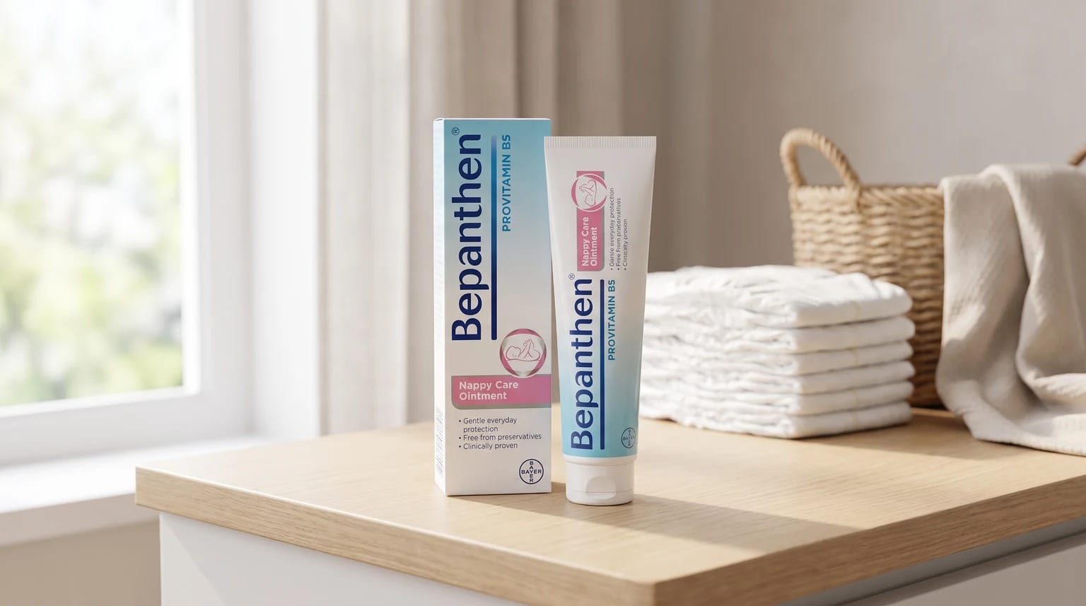 A tube and box of Bepanthen Nappy Care Ointment on a wooden changing table, with a stack of clean nappies and a woven basket in the background.