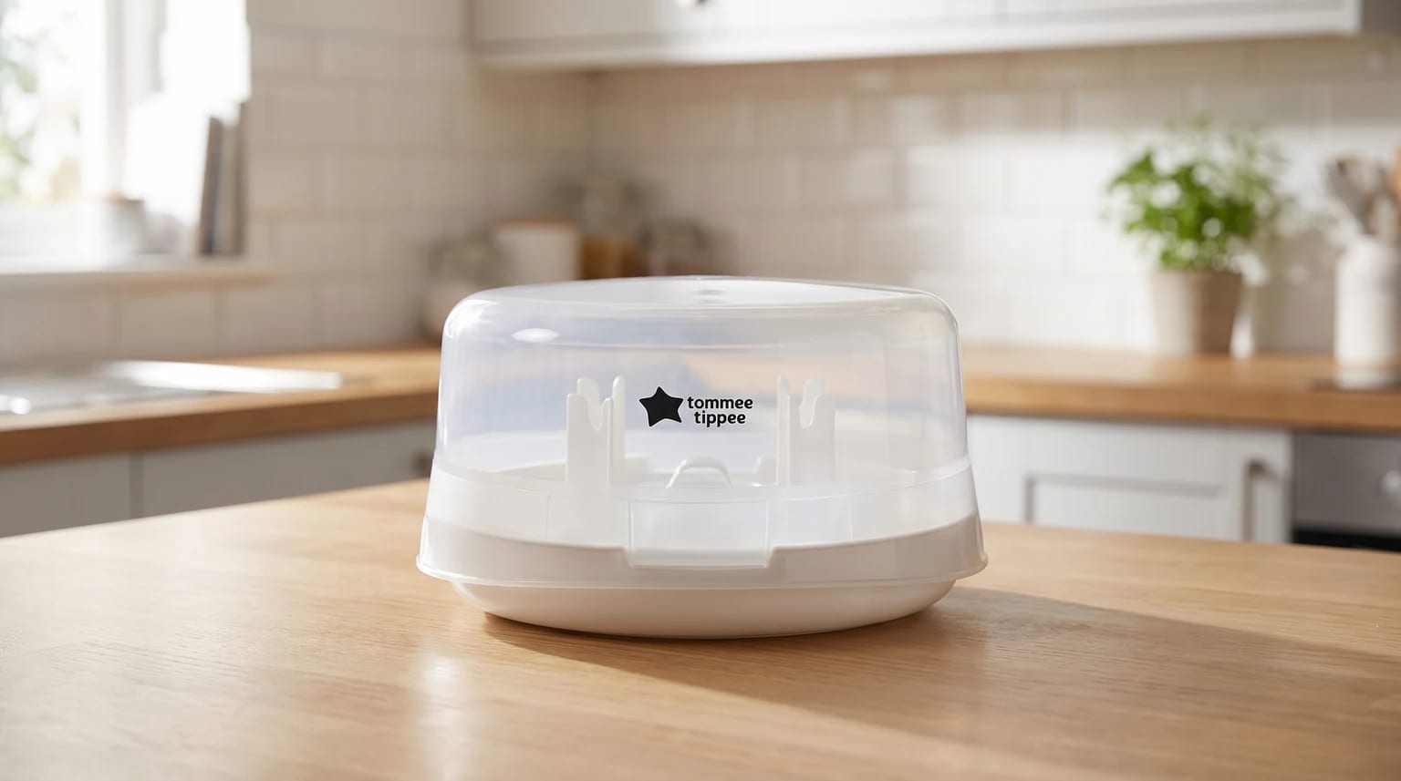 A Tommee Tippee microwave steam steriliser with its clear lid on, sitting on a wooden kitchen worktop.