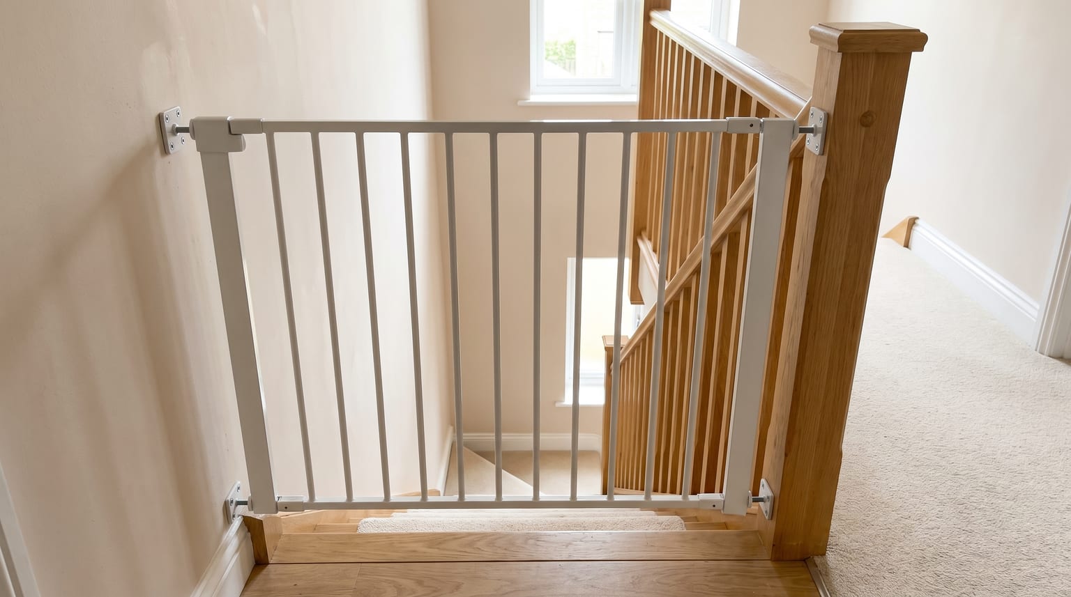 Closed screw-fix stair gate without a fixed bottom trip bar at the top of a staircase.