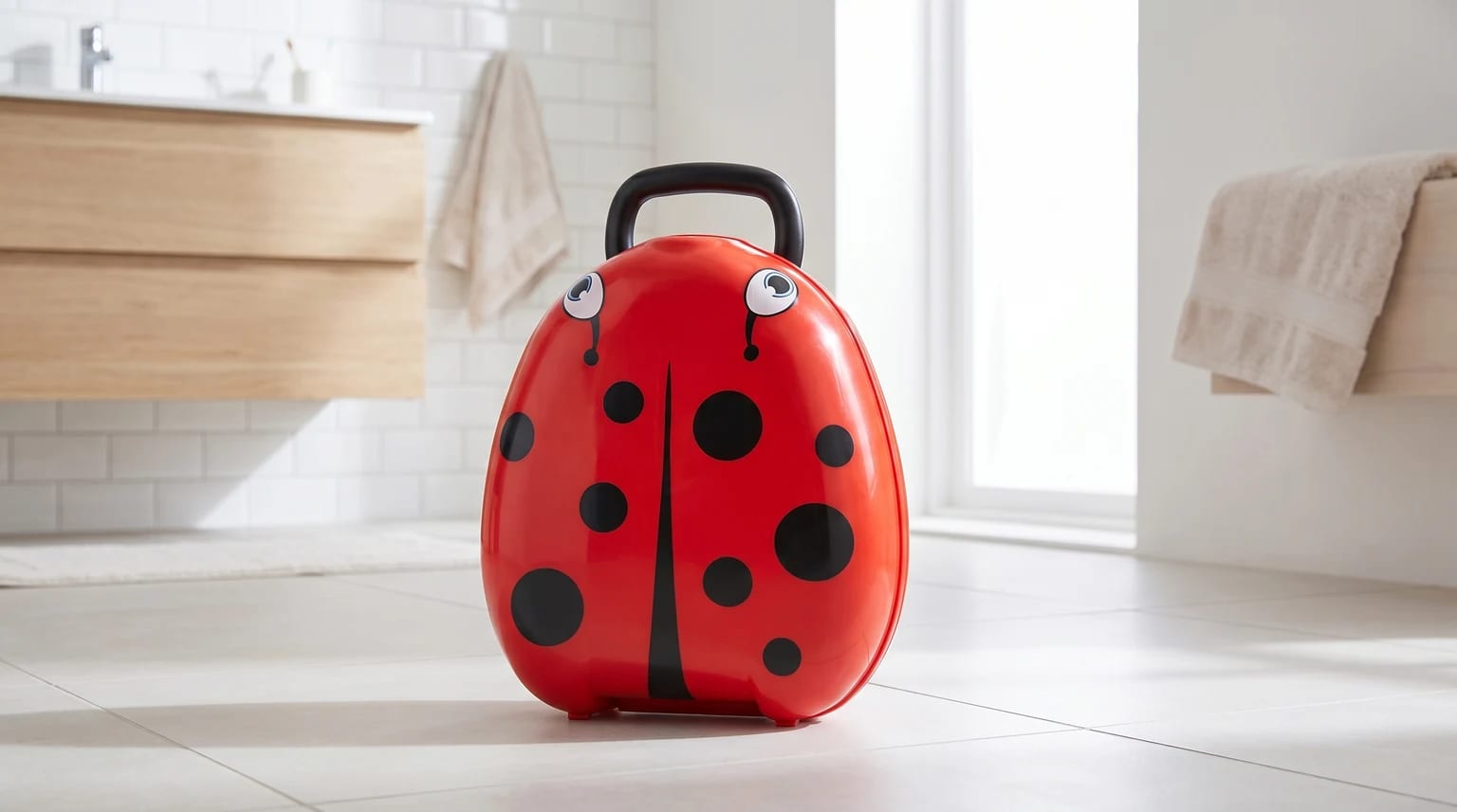 A bright red travel potty designed to look like a ladybird, with black spots and a handle, sitting on a white tiled bathroom floor.