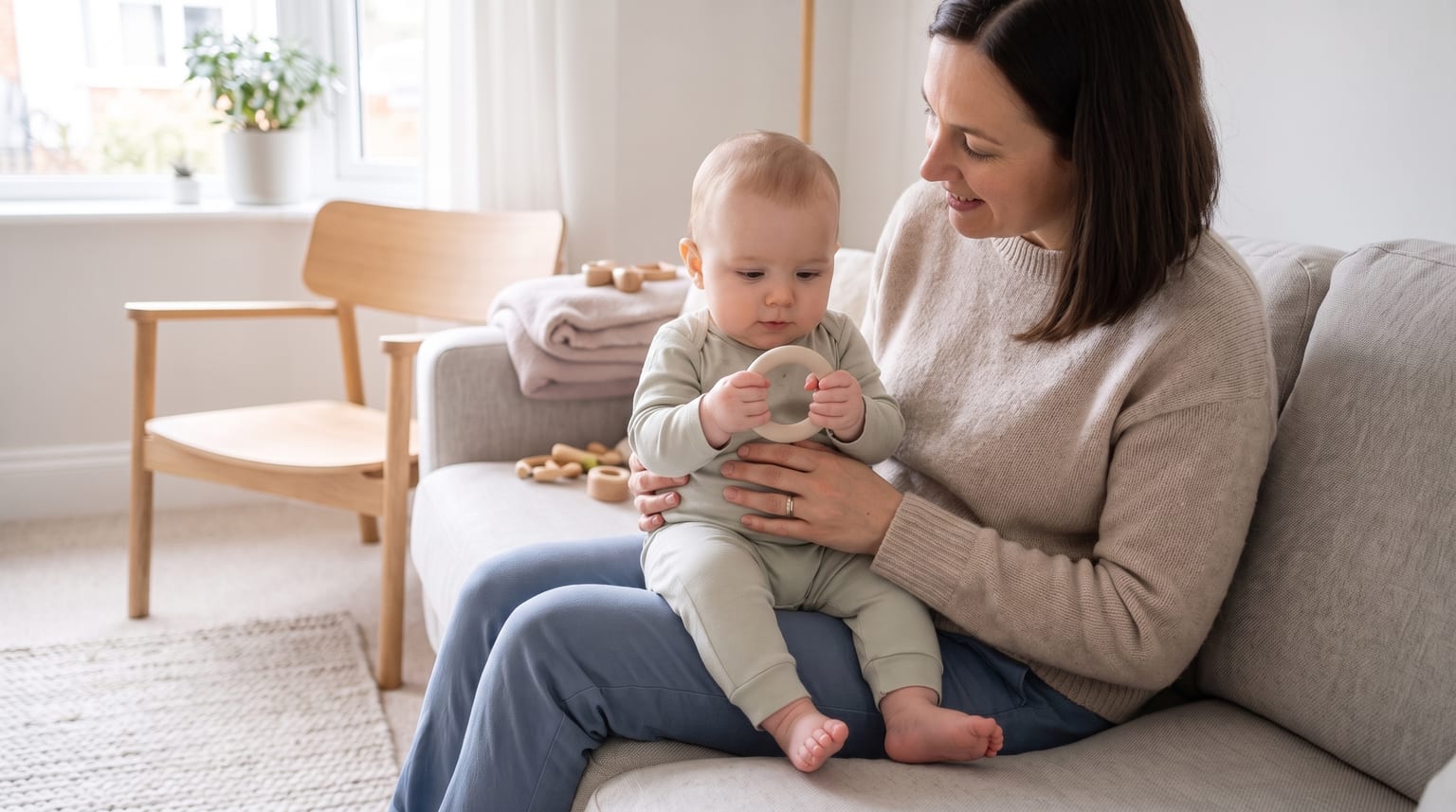 Parent sitting beside a calm baby holding a plain one-piece teething ring in both hands.