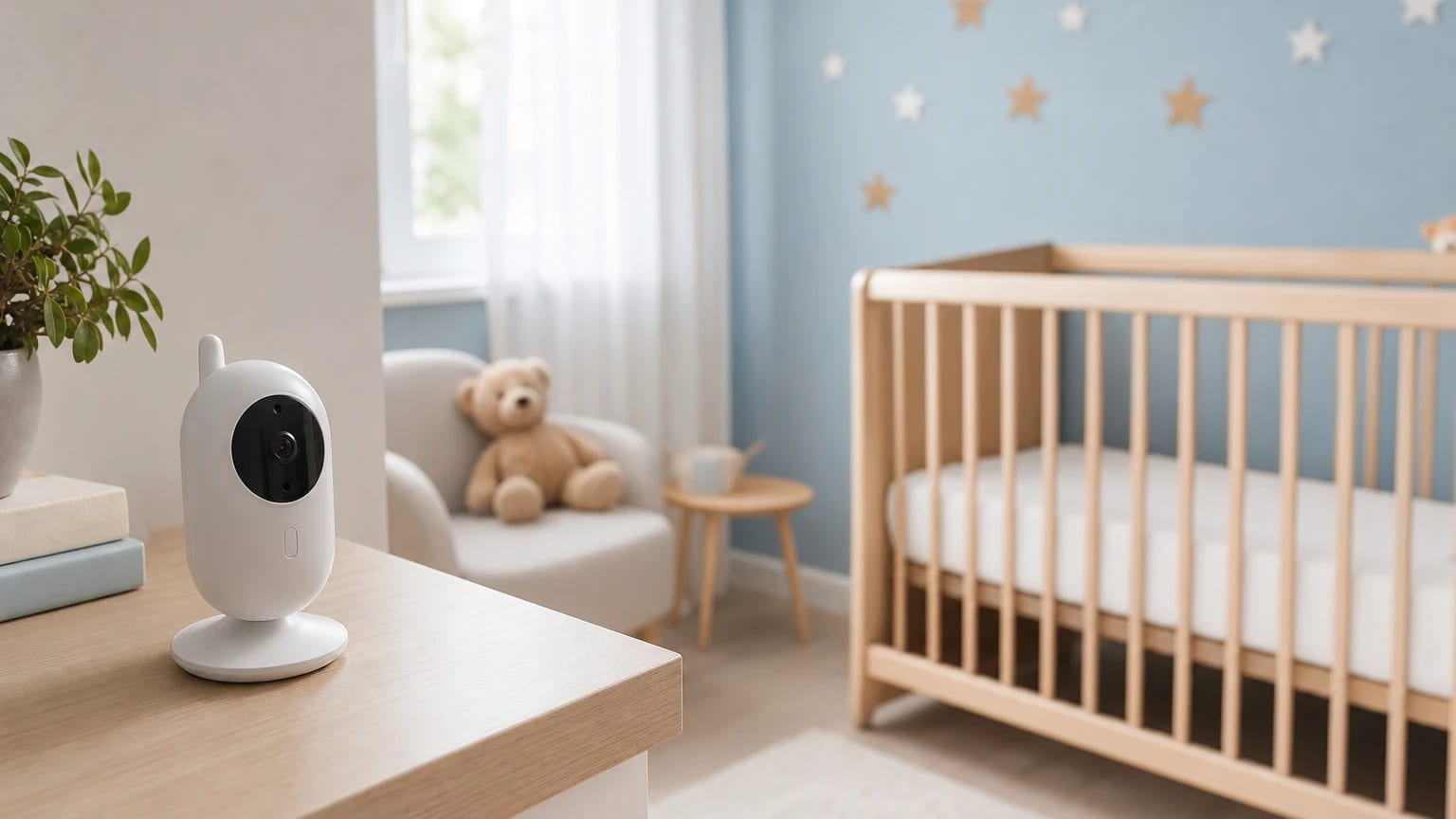 A baby monitor on a shelf away from a cot in a bright nursery.