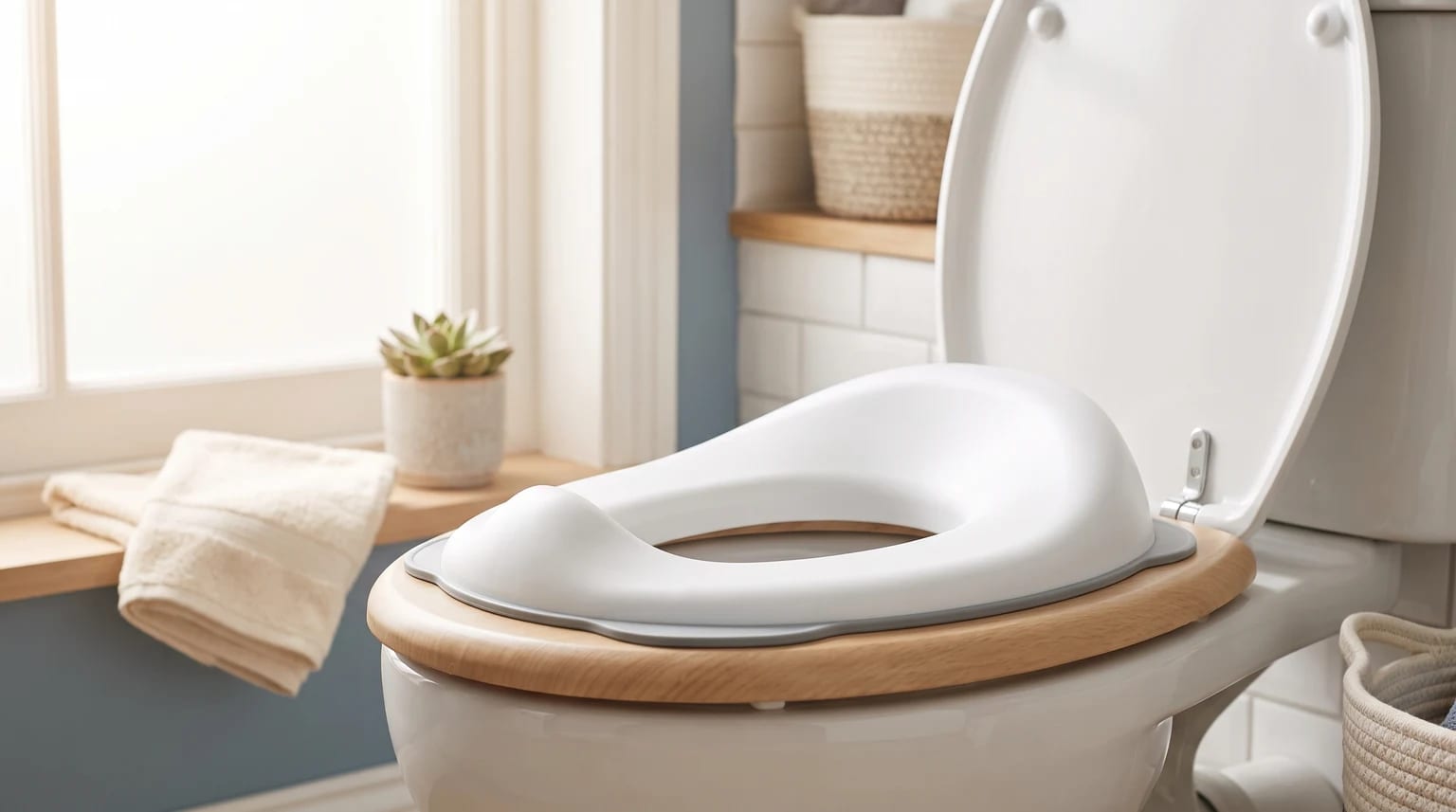 A white toilet training seat placed on a wooden toilet seat in a bright bathroom next to a window.