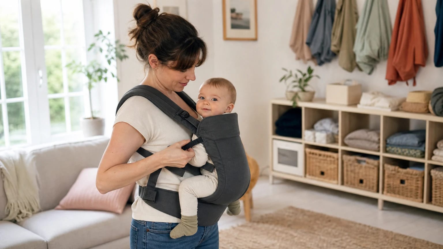 A parent checking a safely positioned baby carrier with the baby's face visible.