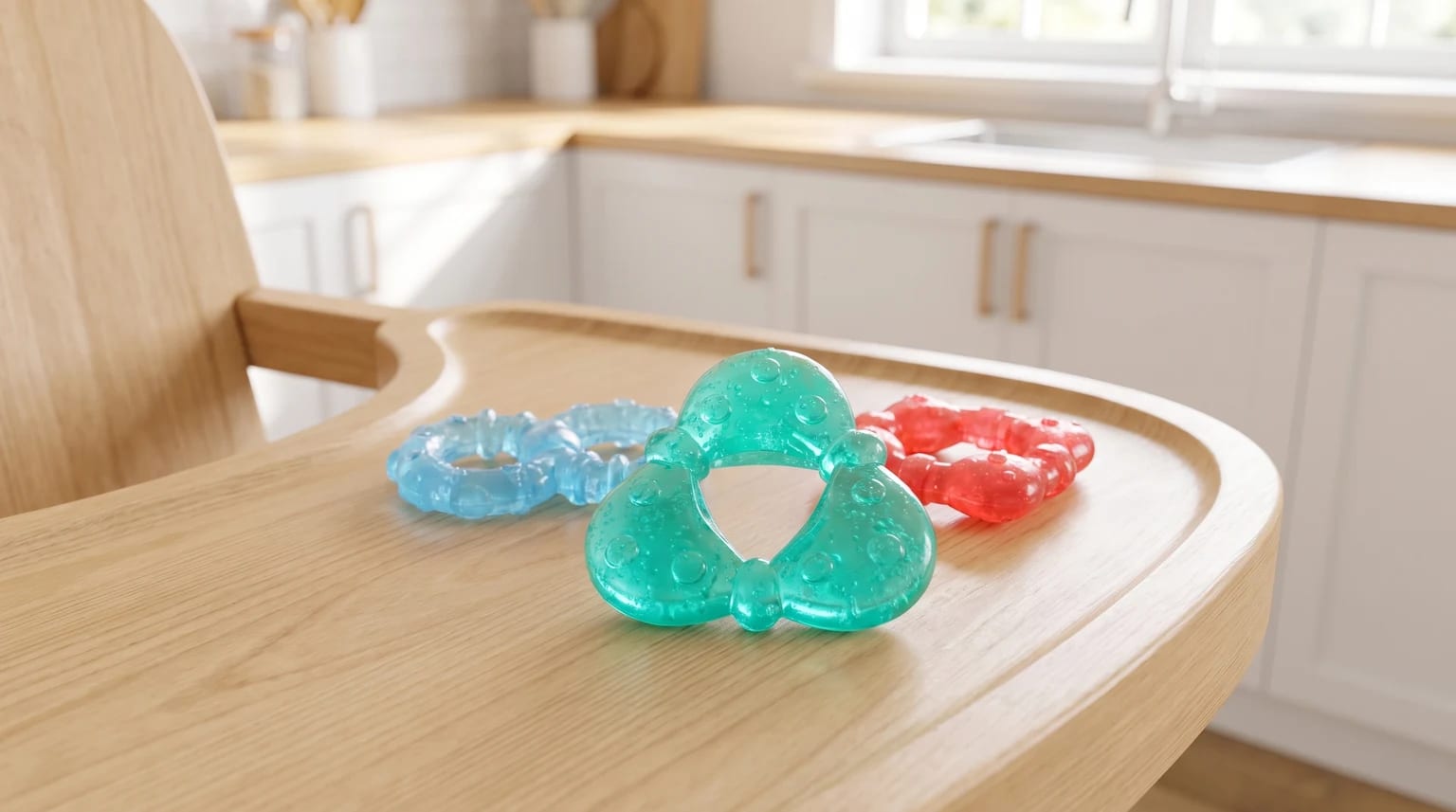 A trio of colourful gel teething toys in red, blue, and turquoise, arranged on a wooden highchair tray.