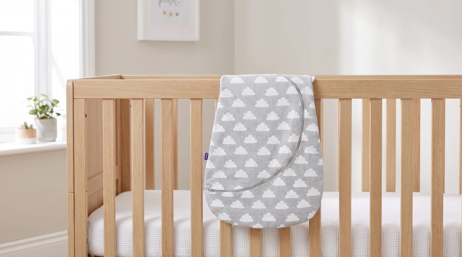 A grey baby sleeping bag with a white cloud print, draped over the side of a light wood cot in a nursery.