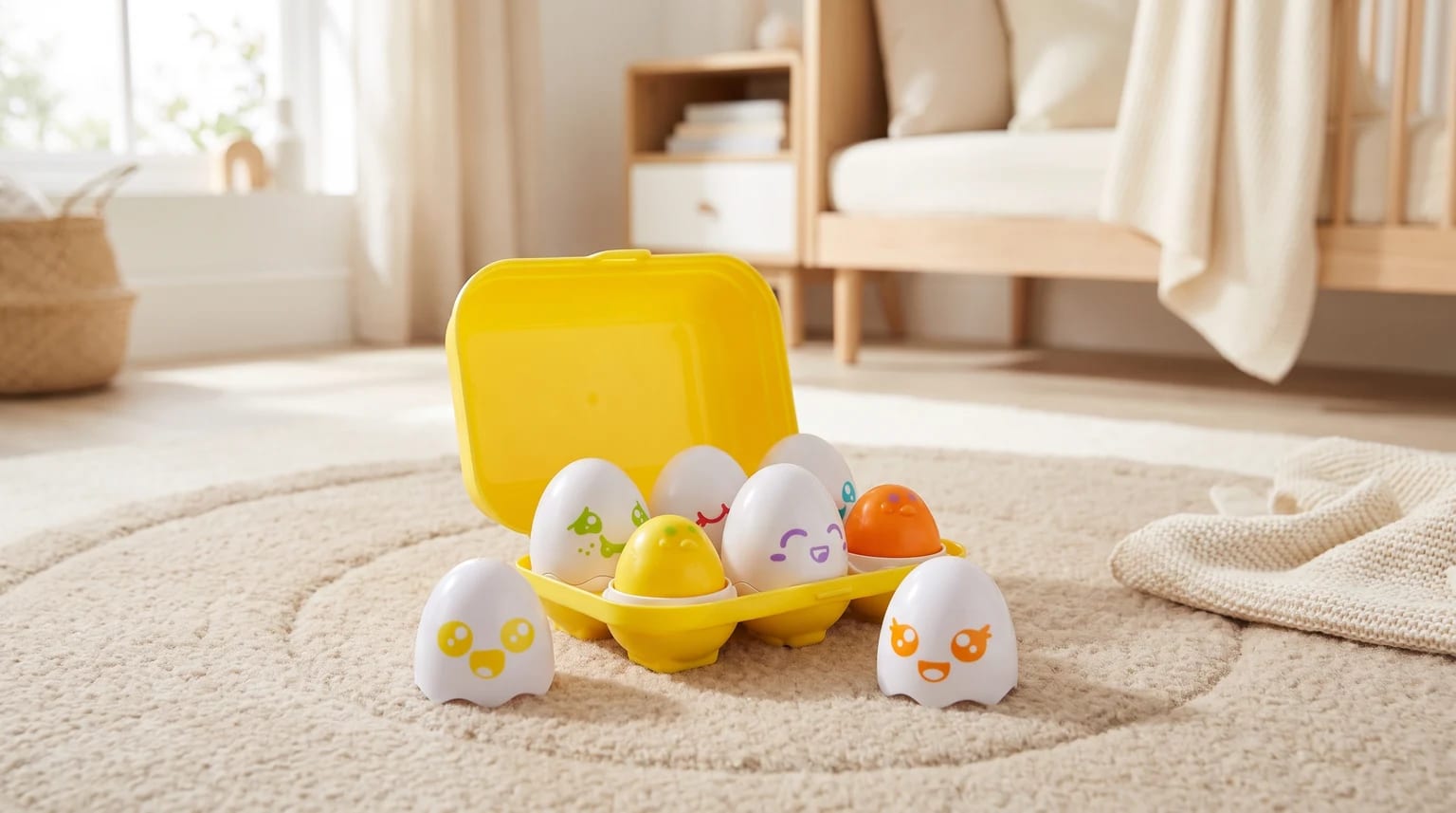 A bright yellow toy egg carton sits open on a nursery floor rug, revealing several eggs with colourful, expressive faces and a little yellow chick.
