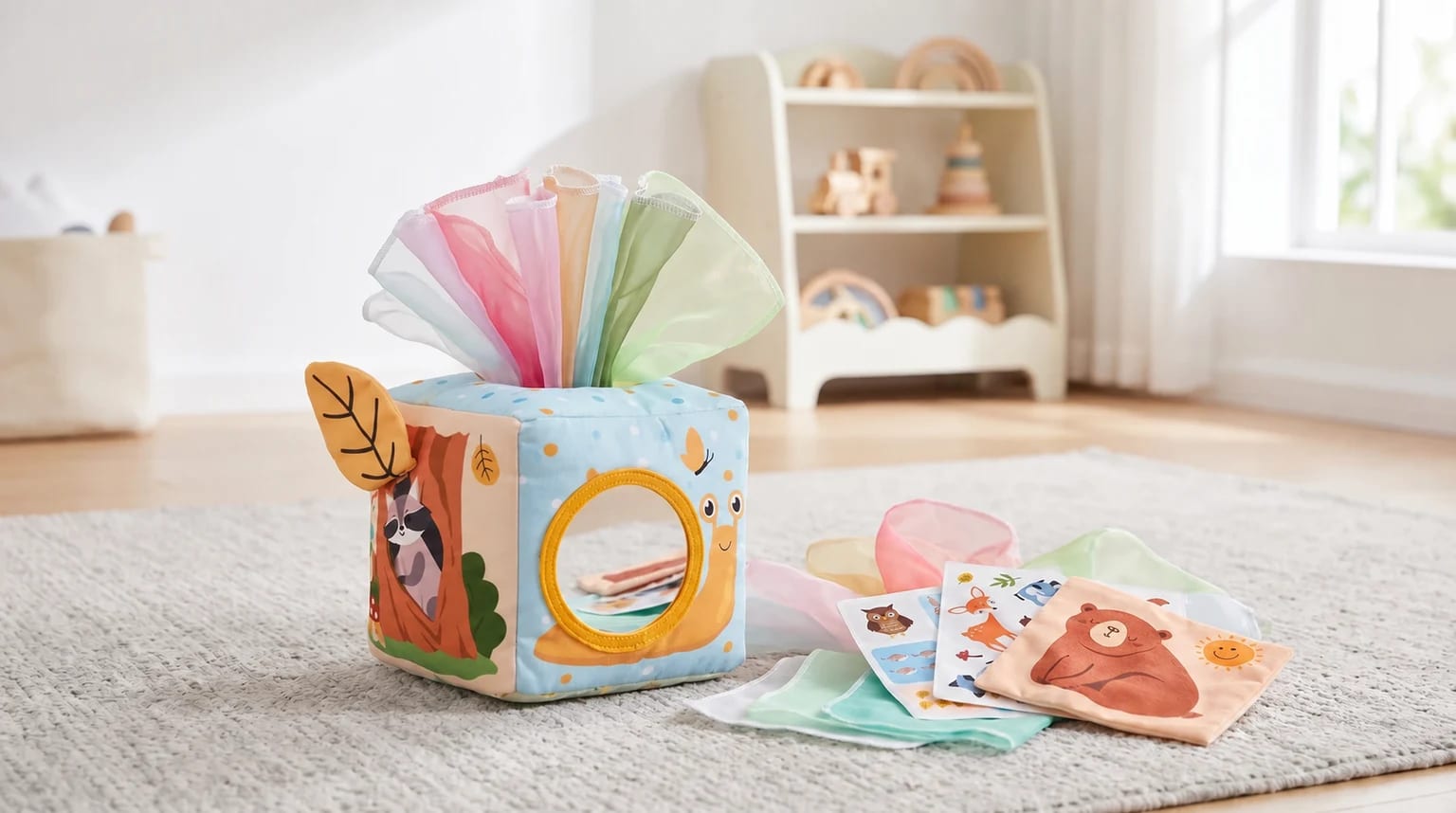 A soft activity cube designed like a tissue box sits on a rug with pastel scarves and illustrated crinkle cloths beside it.