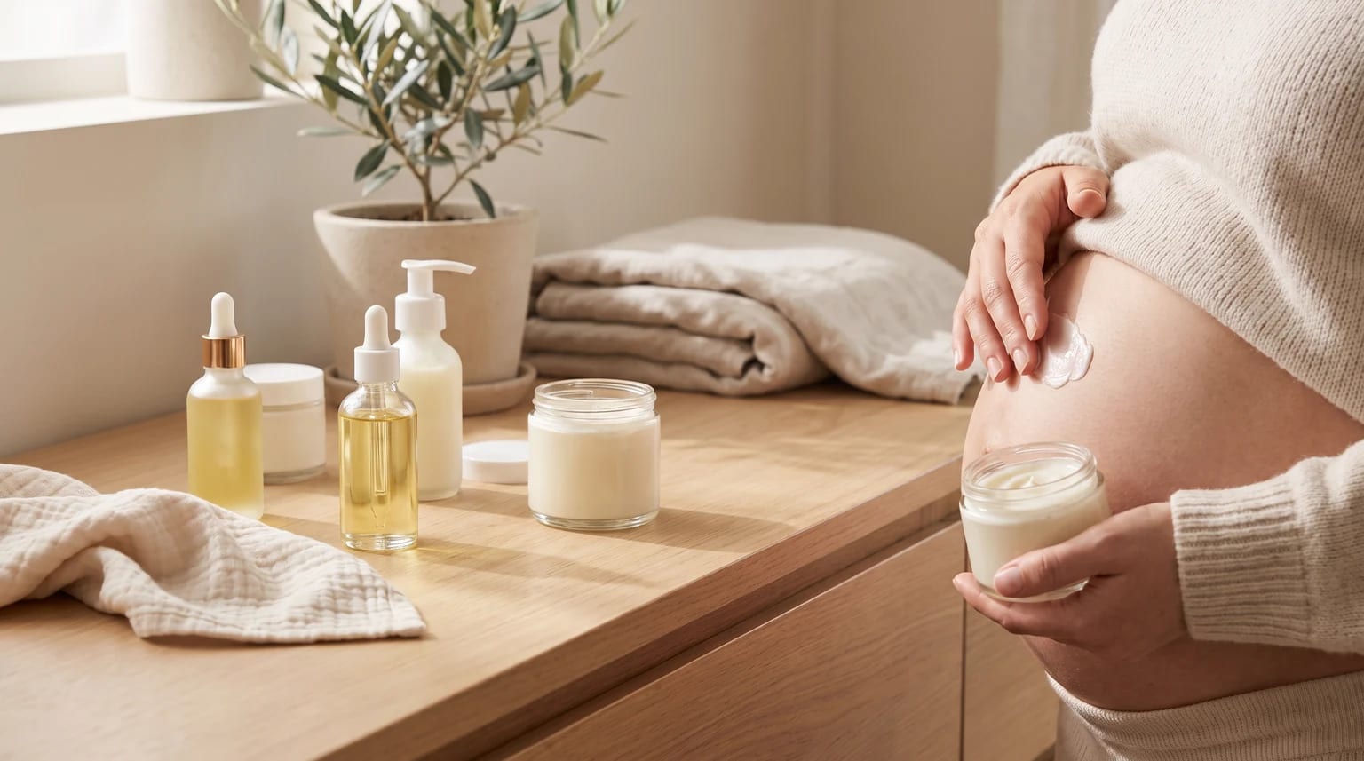 A pregnant person in a cream jumper applies body cream to their belly, with a selection of skincare oils and lotions on a wooden surface nearby.