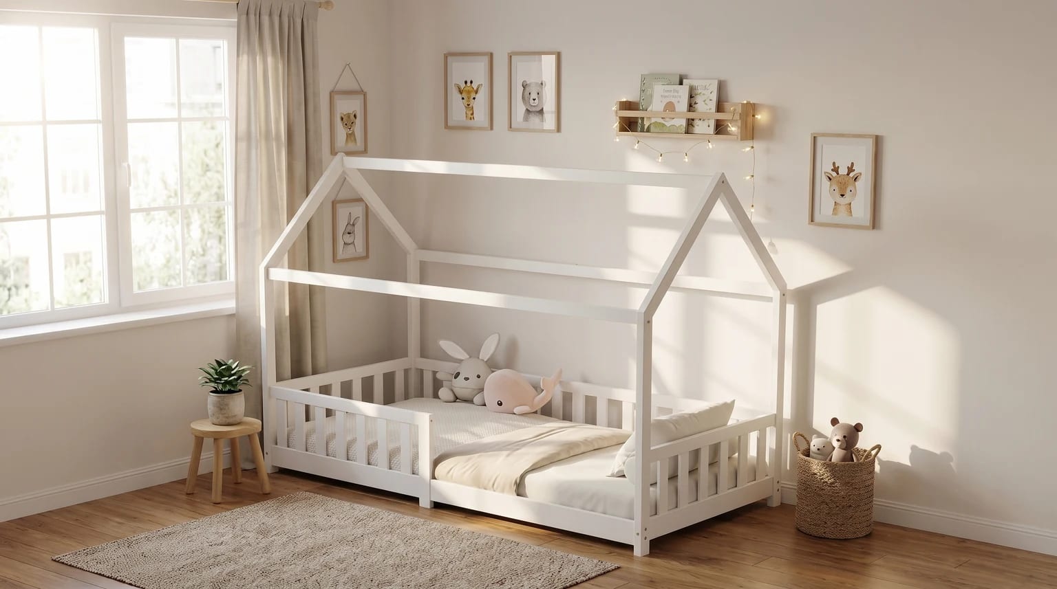 A white, house-shaped toddler floor bed in a bright, neutral-toned child's room with framed animal pictures on the wall.