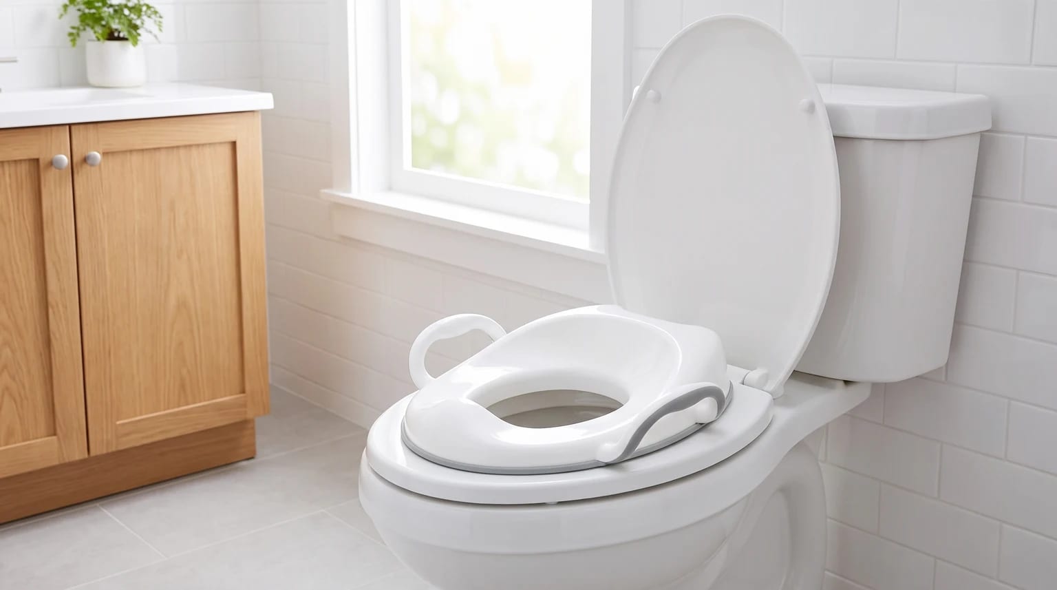 A white toilet training seat with side handles fitted on an open toilet in a bright bathroom.