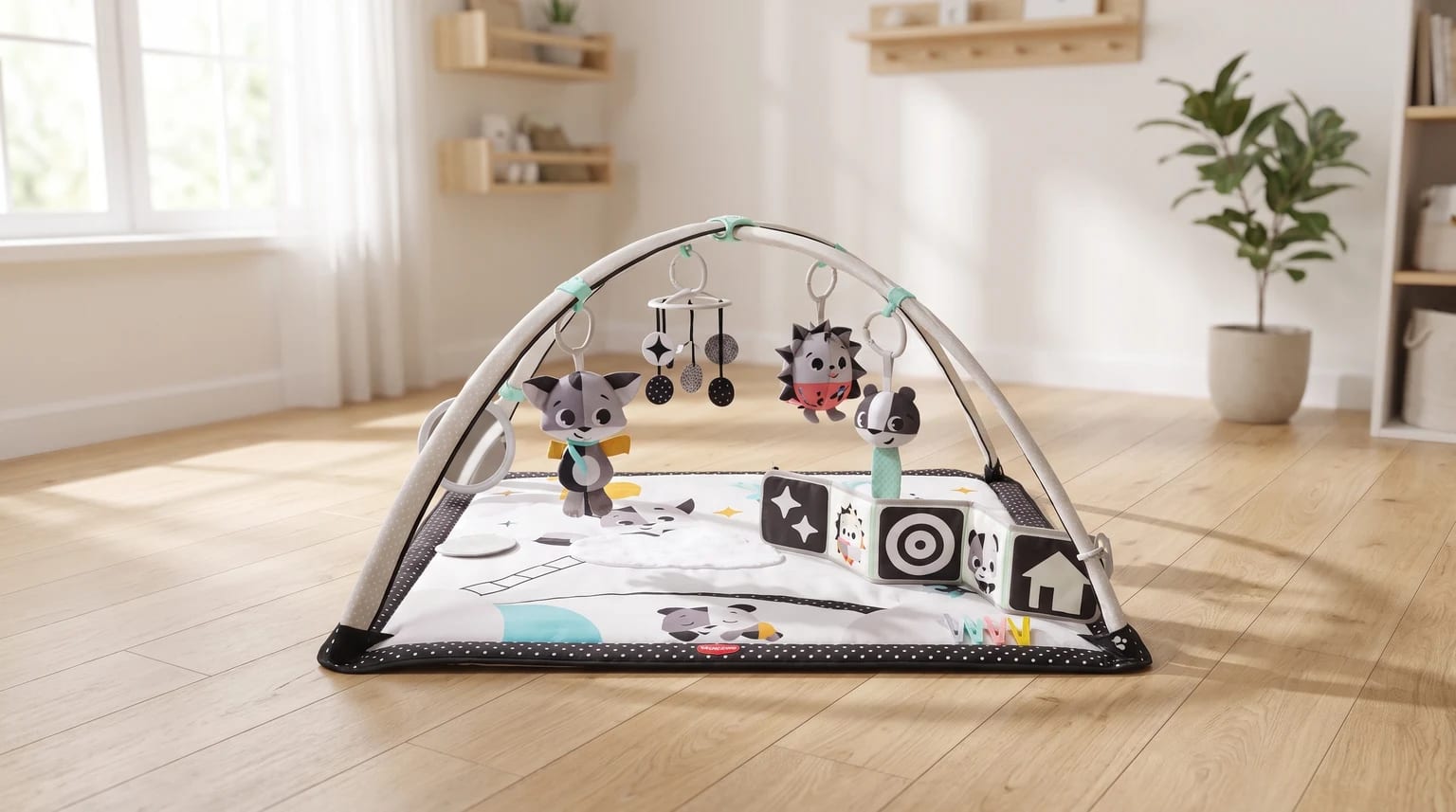 A black and white baby play gym with hanging animal toys and a high-contrast mat, set up on a wooden floor in a bright room.