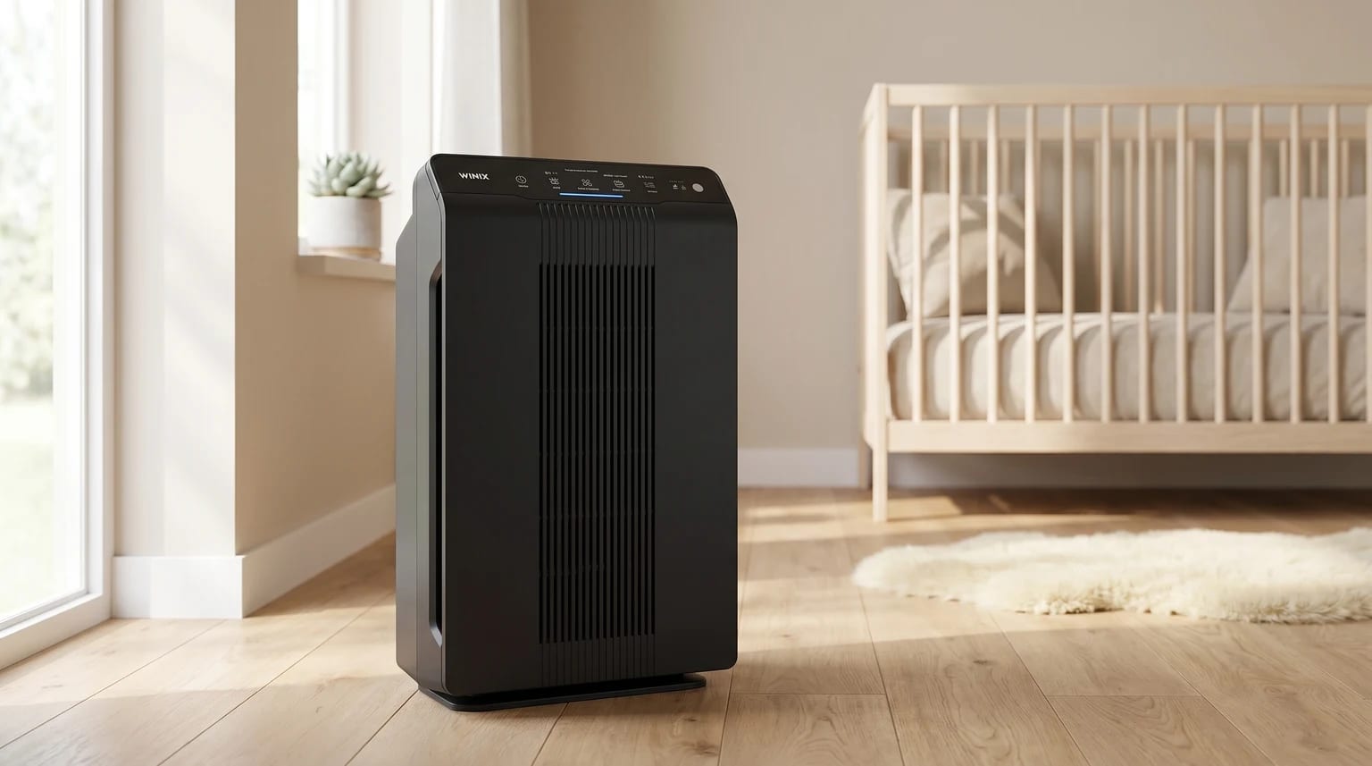 A black air purifier stands on a wooden floor in a sunlit nursery, with a light-coloured wooden cot and a fluffy rug in the background.