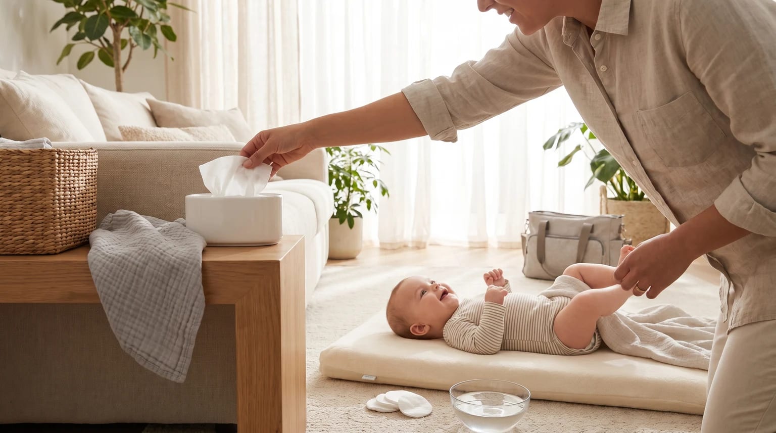 A parent reaches for a wipe from a dispenser, while a smiling baby lies on a changing mat on the floor of a living room.
