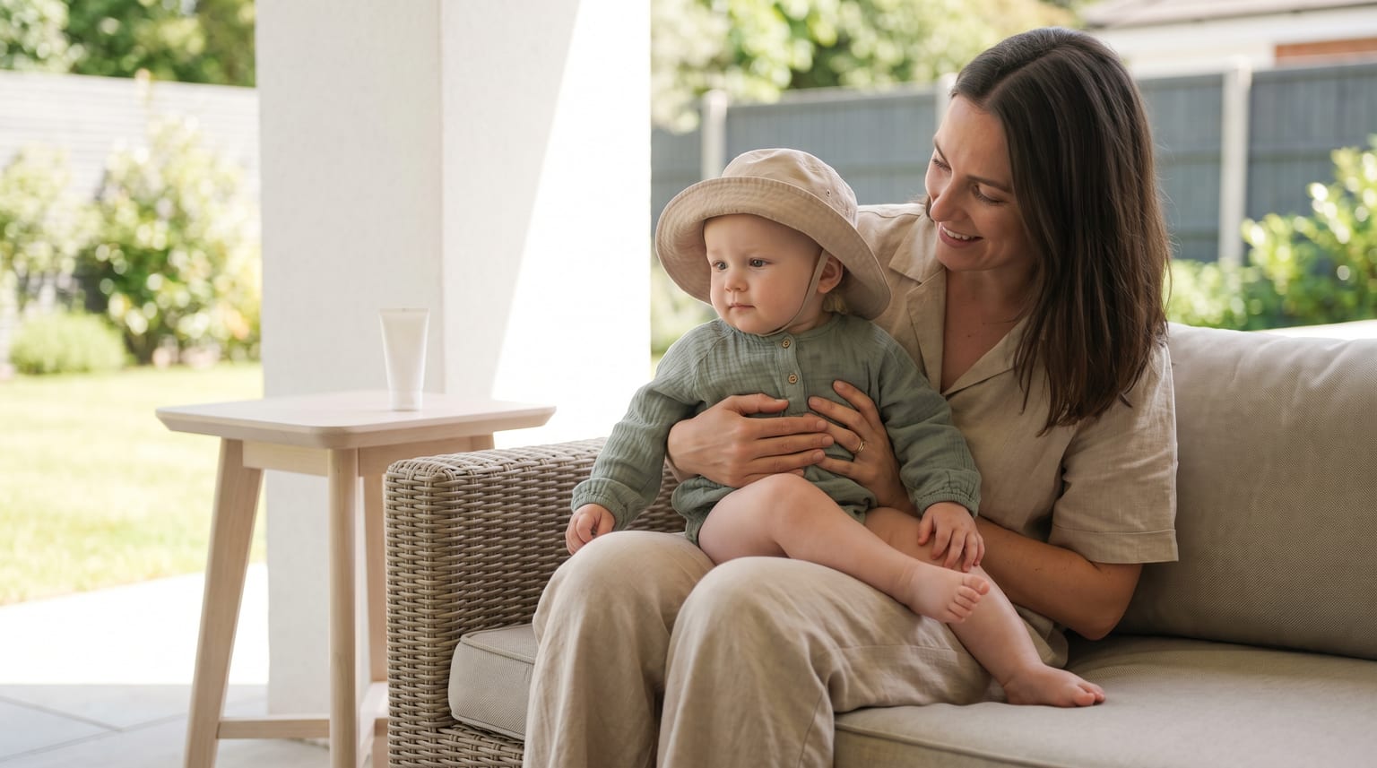 A smiling woman holds a baby wearing a sun hat on her lap as they sit together on a shaded patio sofa.