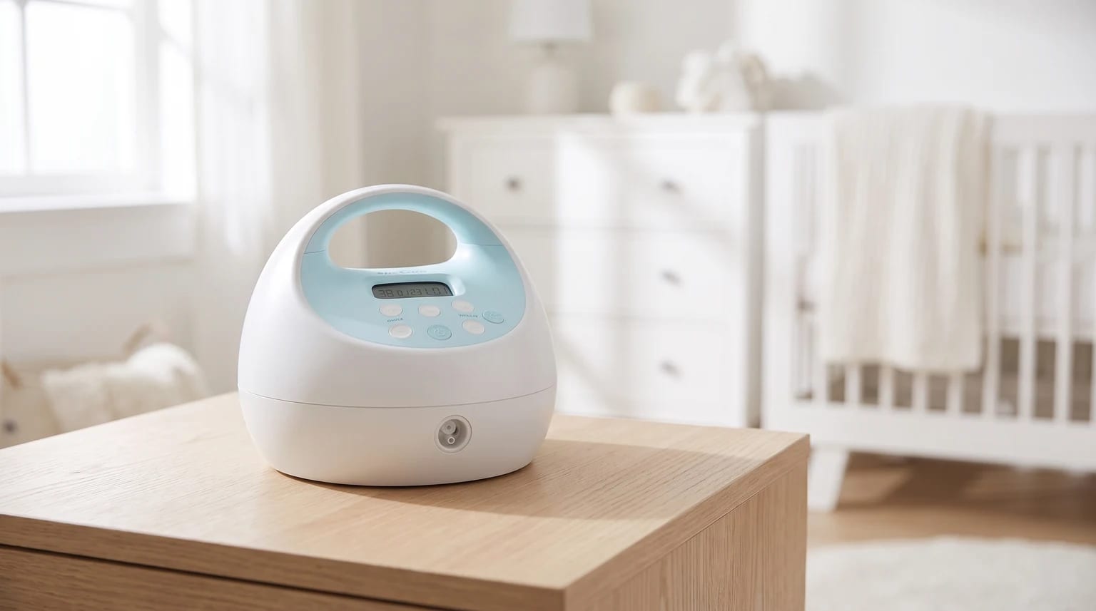 A portable electric breast pump with a light blue handle, resting on a wooden table in a softly-focused nursery setting.