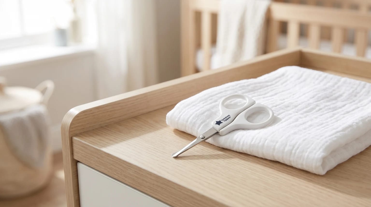 A pair of white Tommee Tippee baby nail scissors resting on a folded muslin cloth on a wooden changing table in a nursery.