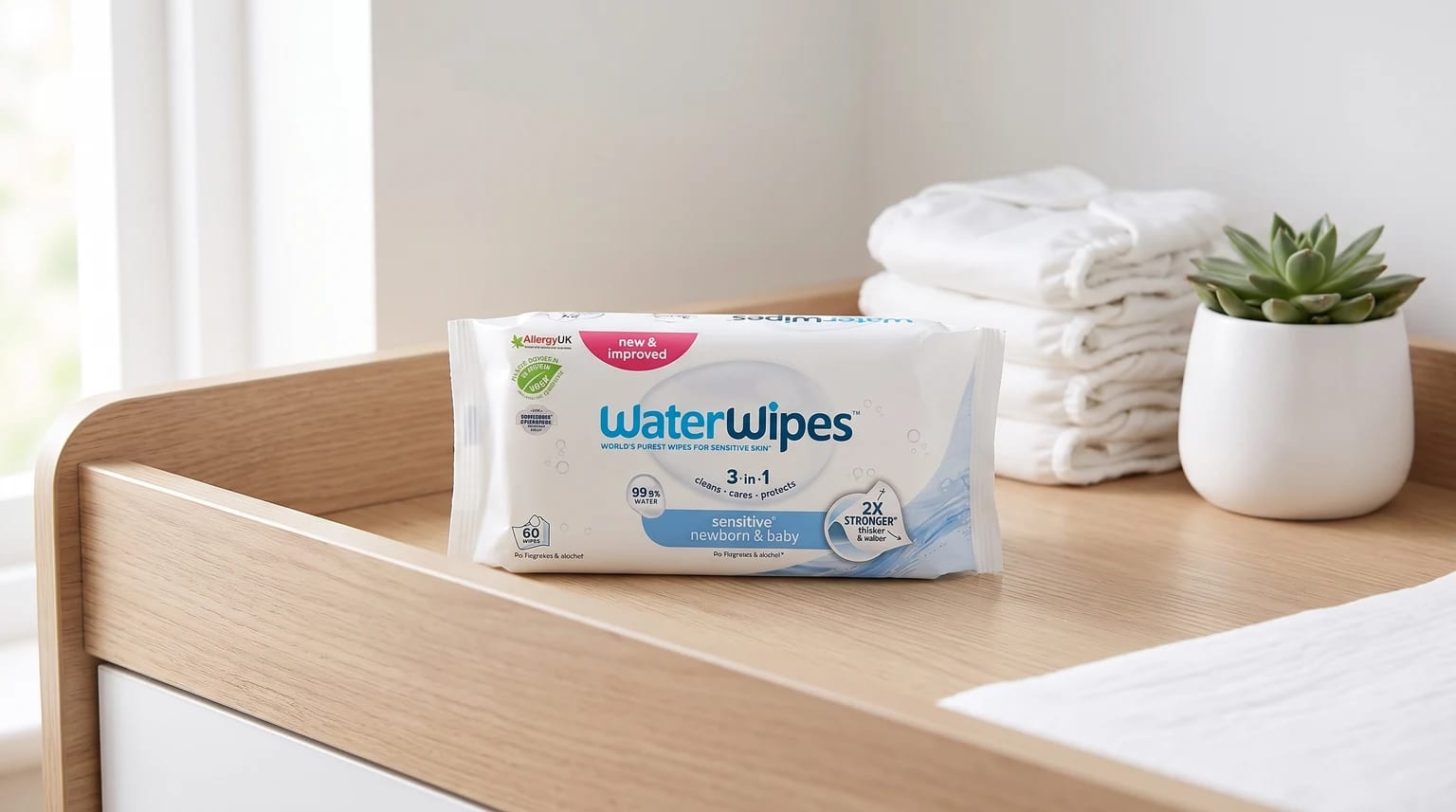 A pack of WaterWipes baby wipes on a nursery changing table, beside a stack of white cloth nappies and a small succulent.