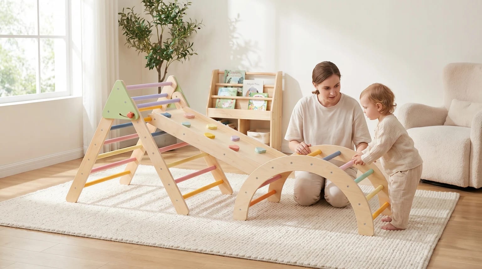 A mum and her toddler play with a large, pastel-coloured wooden Pikler triangle set on a cream rug in a sunlit living room.