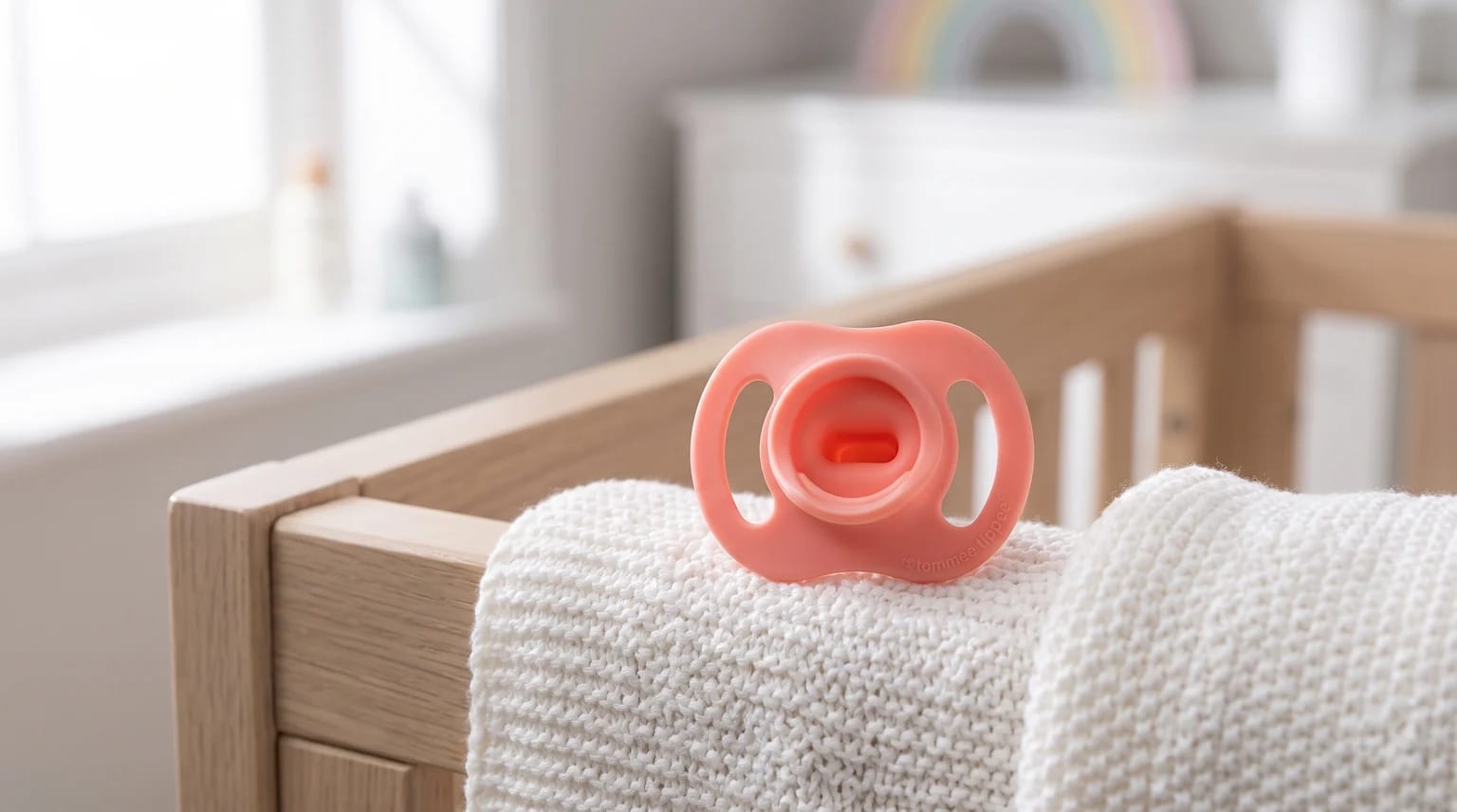 A peach-coloured silicone dummy rests on a white knitted blanket near a light wooden cot.