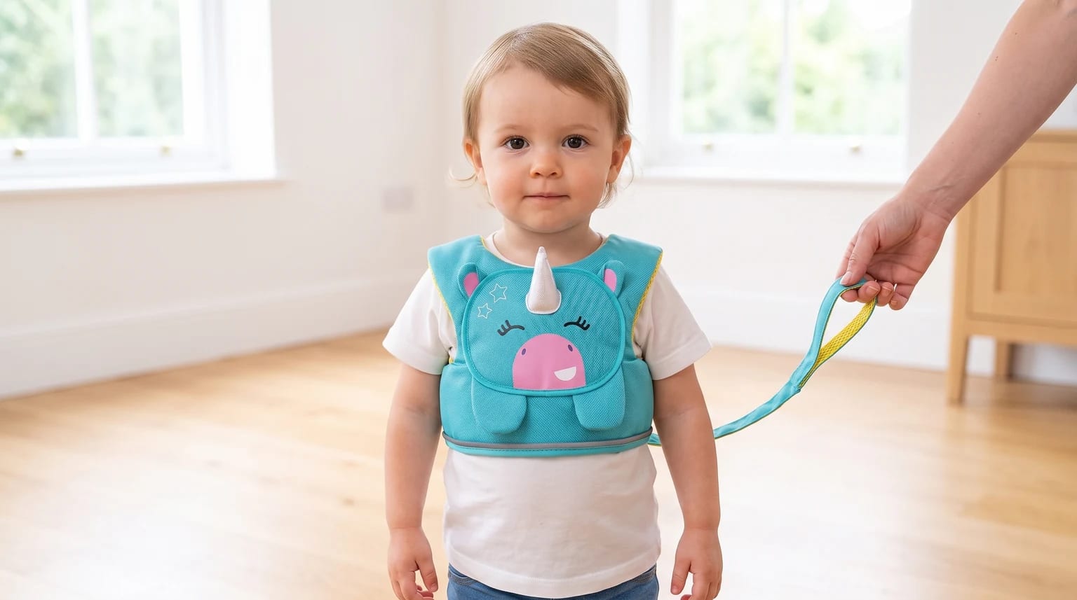 A small child wearing a bright turquoise safety harness with a unicorn face on the front, held by an adult using the attached rein.