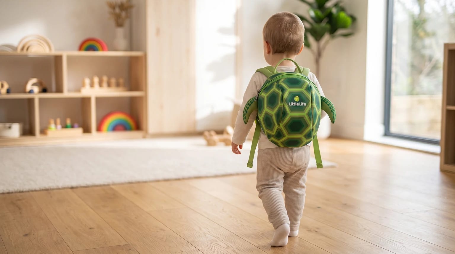 A toddler, seen from the back, wearing a green toddler backpack shaped like a turtle shell in a light-filled playroom.