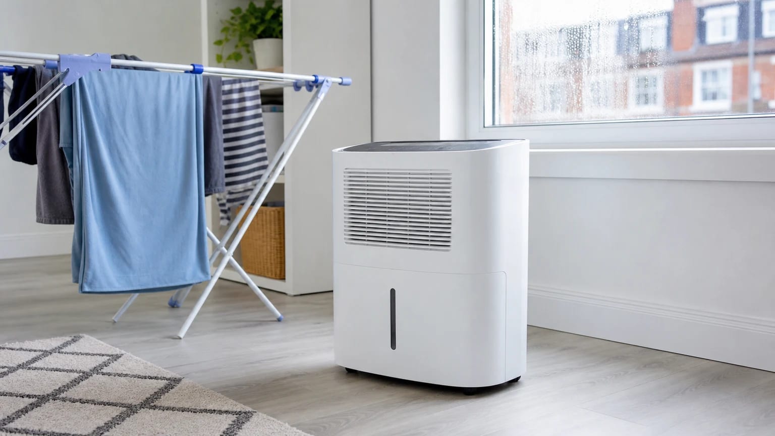White dehumidifier in a bright room near indoor laundry and a condensation-prone window.