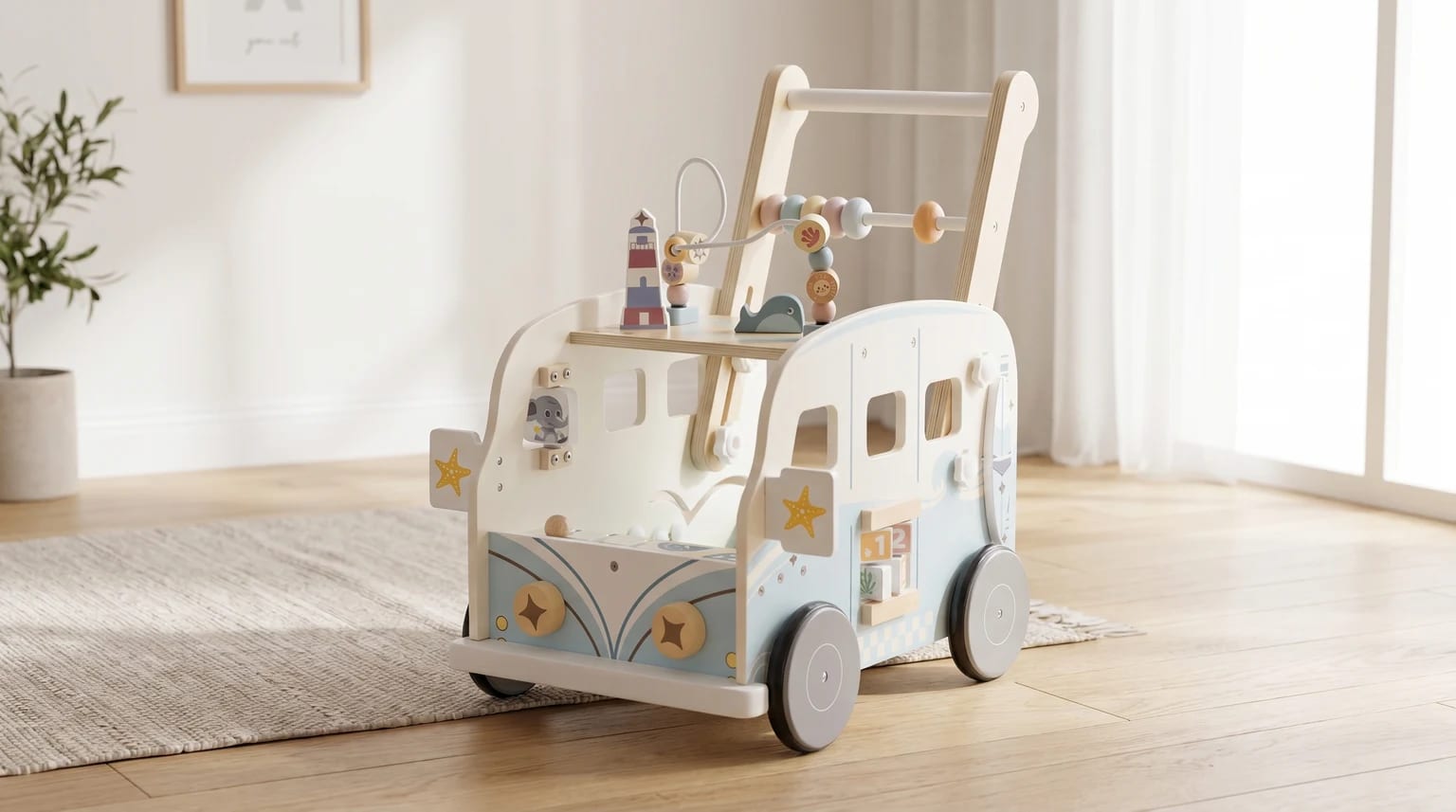 A wooden baby walker shaped like a campervan with a seaside theme, sitting on a wooden floor in a brightly lit room.