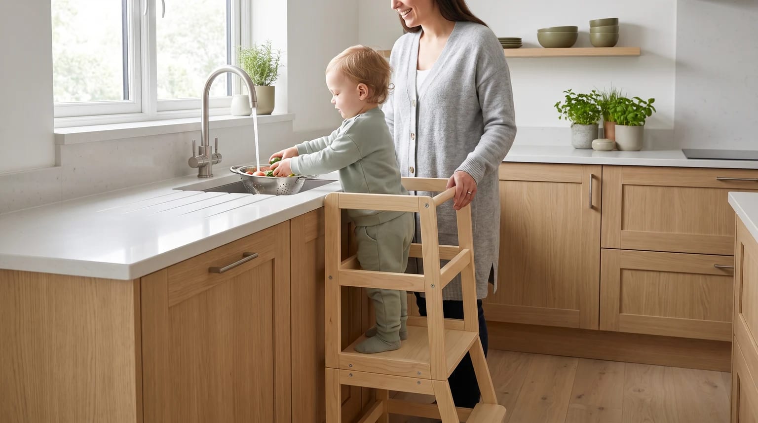 A toddler stands in a wooden learning tower washing vegetables in a bright kitchen sink, as an adult stands calmly beside them.