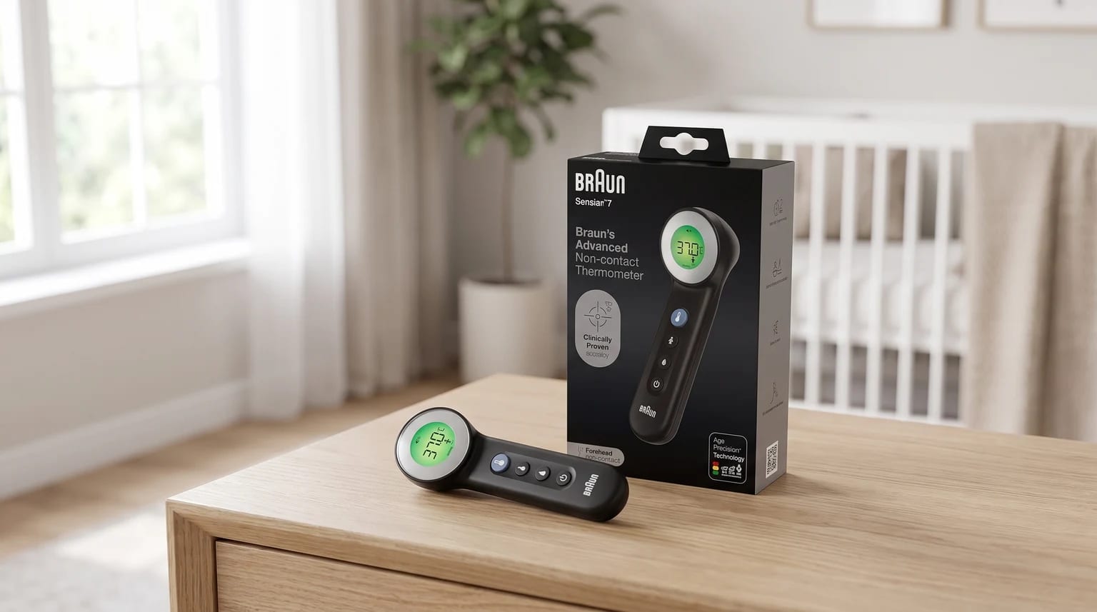 A Braun non-contact thermometer and its box resting on a wooden surface in a baby's nursery.