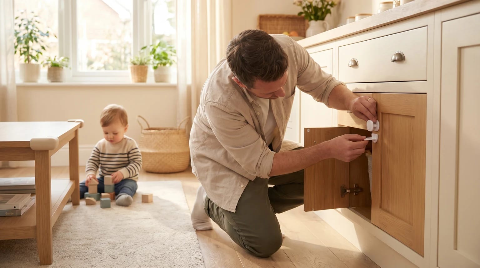 A man kneels to fit a child safety lock inside a kitchen cupboard, while a young toddler plays with blocks on a rug nearby.