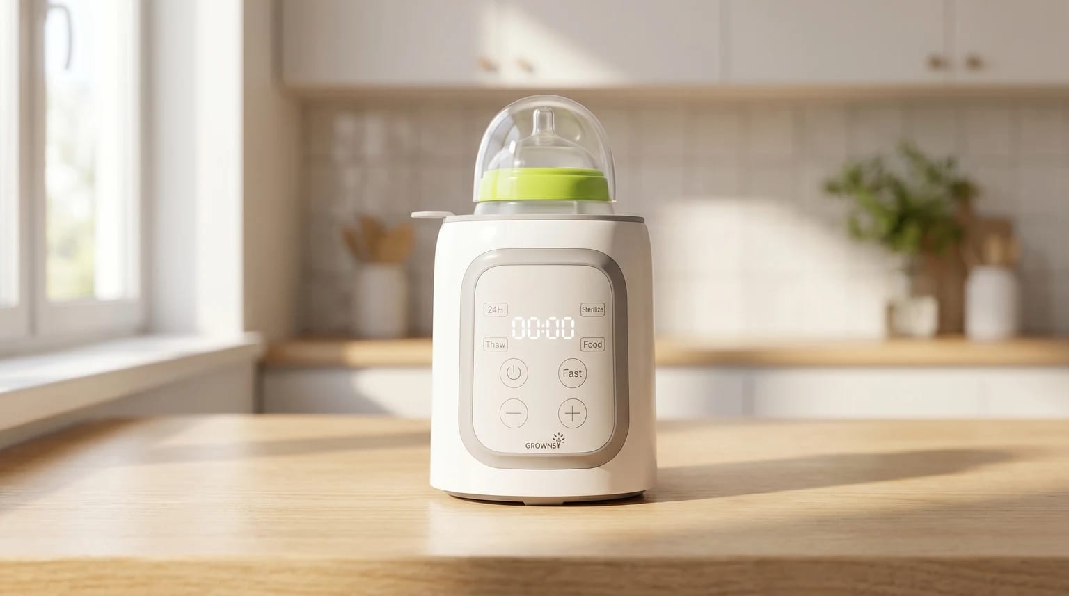 A white bottle warmer with a digital control panel sits on a sunlit wooden kitchen worktop, with a baby bottle inside.
