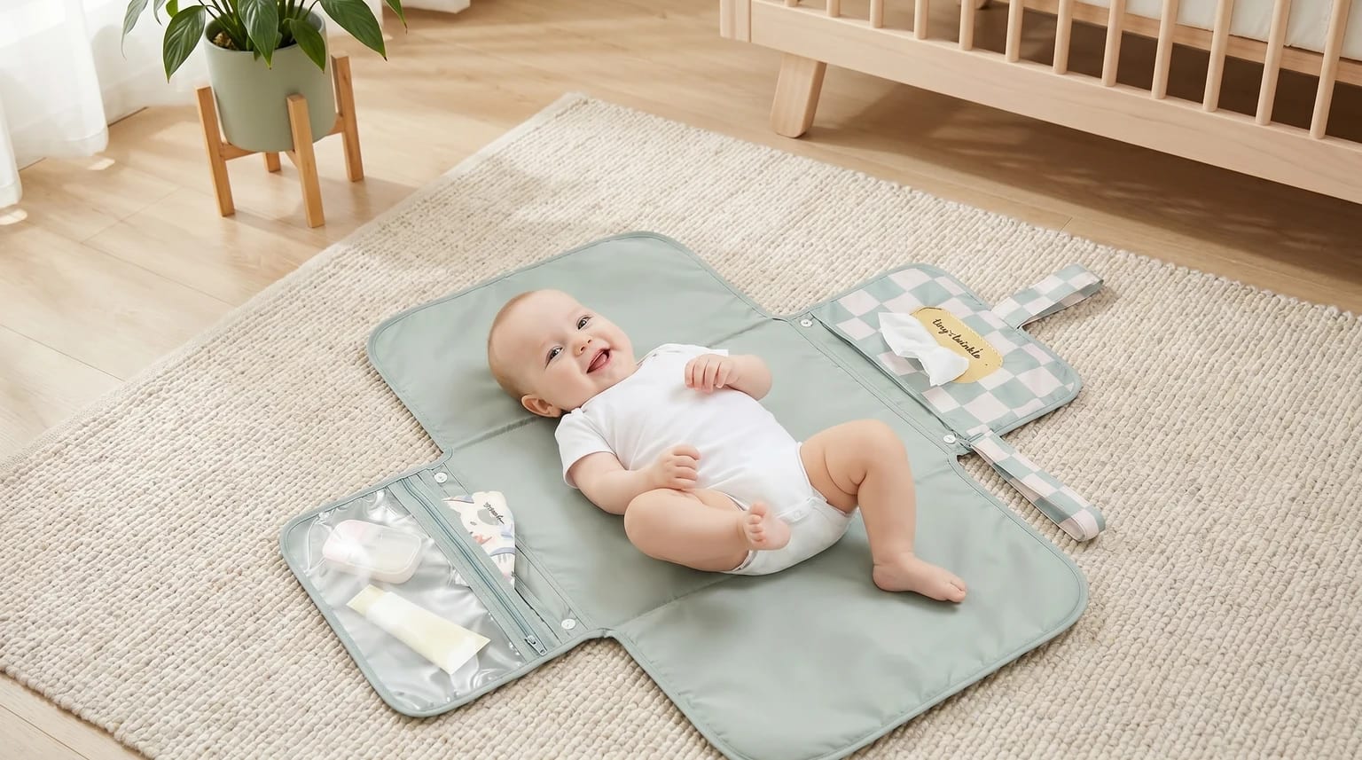 A happy baby in a white vest lies on an open, sage green portable changing mat on a rug in a bright nursery.