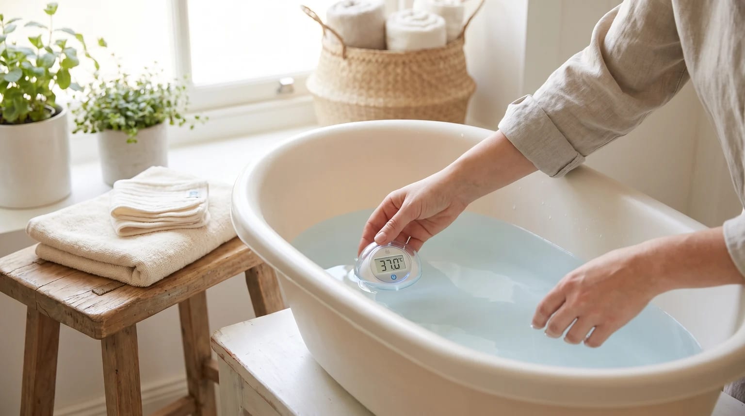 A parent checks the water temperature in a baby bath with a floating digital thermometer.