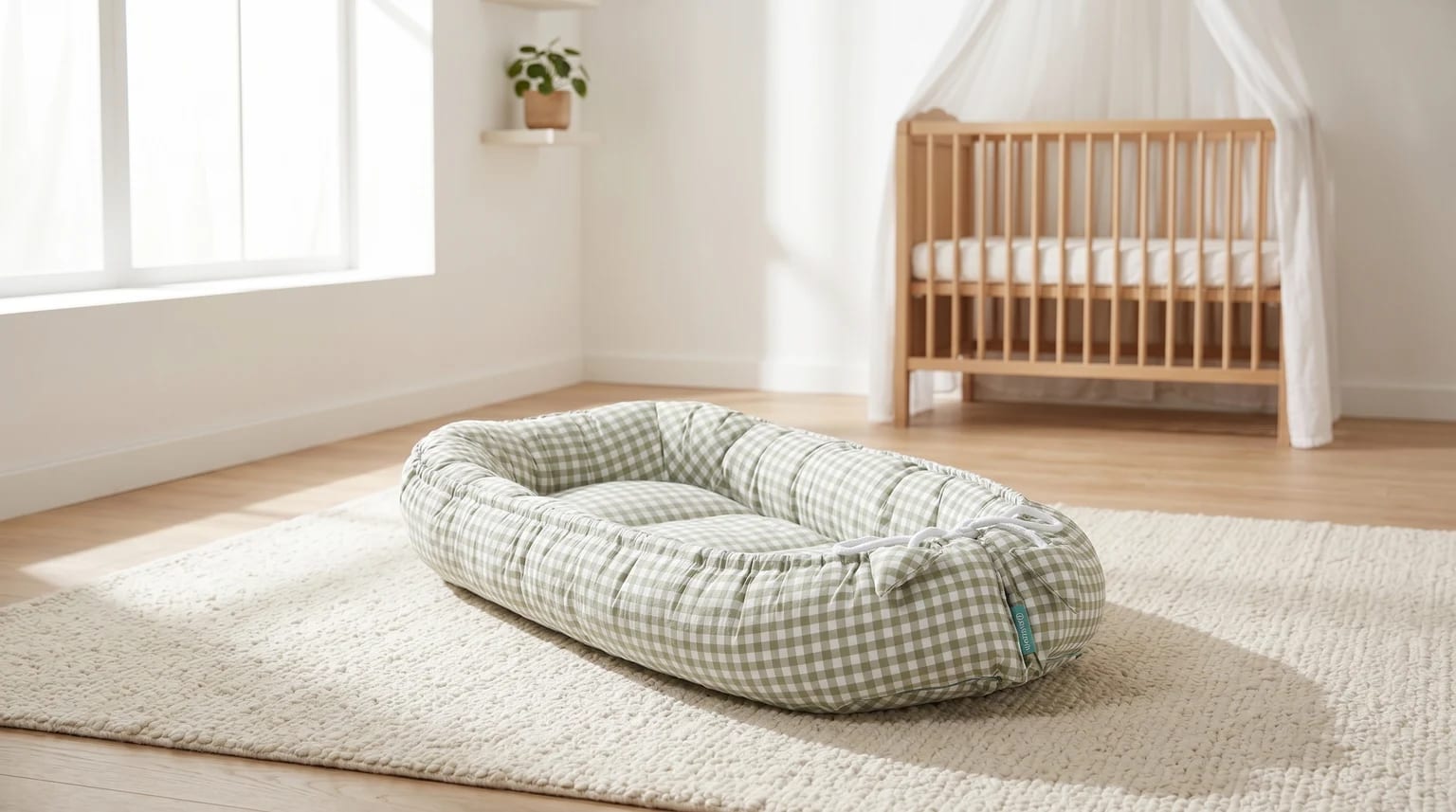 A green and white gingham check baby nest resting on a cream rug in a brightly lit nursery, with a wooden cot in the background.