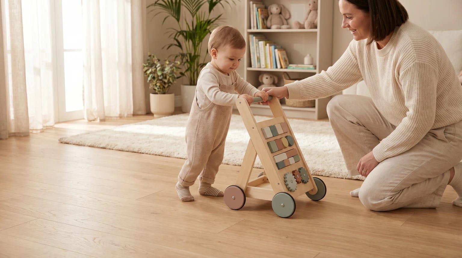 A woman kneels beside a baby who is standing and holding onto a wooden activity walker in a brightly lit living room.