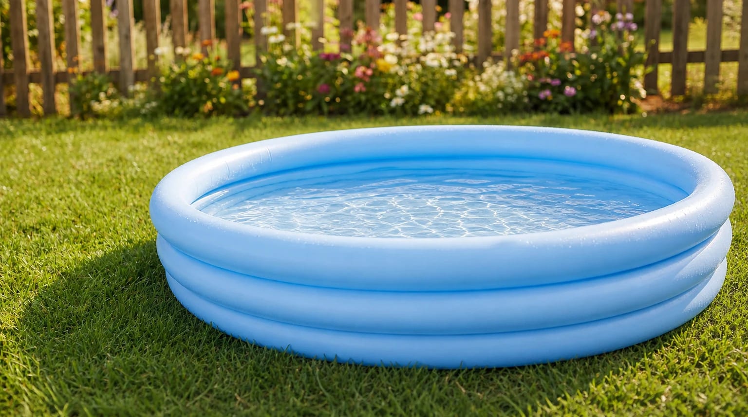 A light blue three-ring inflatable paddling pool filled with clear water on a sunny garden lawn.