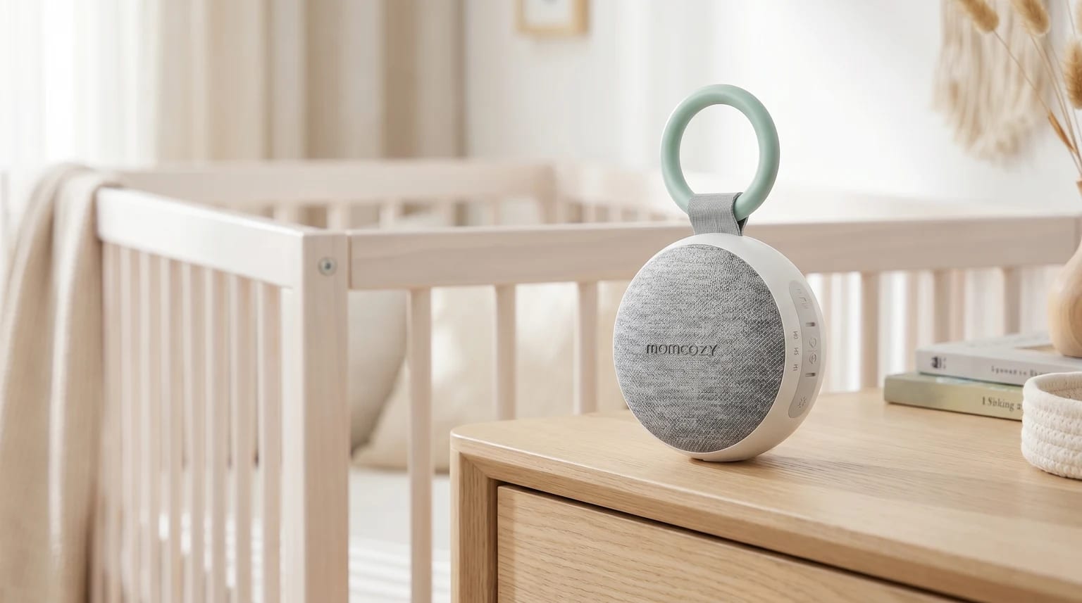 A portable white noise machine with a grey fabric speaker sits on a wooden bedside table, with a baby's cot in the background of a serene nursery.