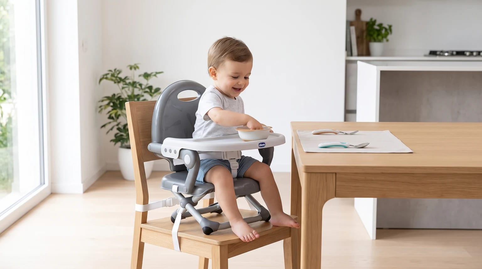 A smiling toddler eats from a bowl while sitting in a grey booster seat strapped to a wooden dining chair at a table.