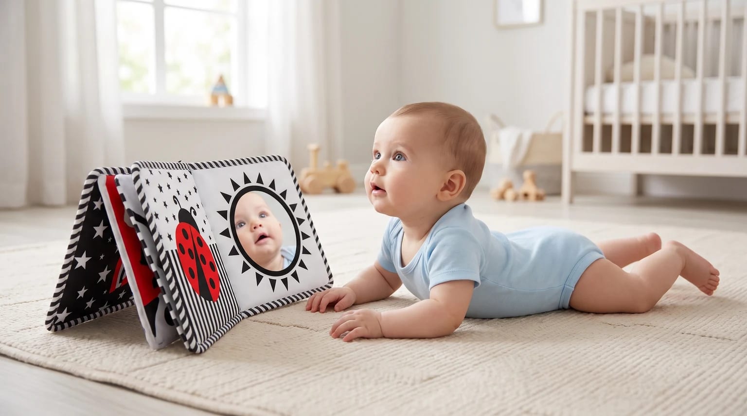 A baby in a light blue babygrow does tummy time on a rug, looking up at a black-and-white soft book with a mirror.