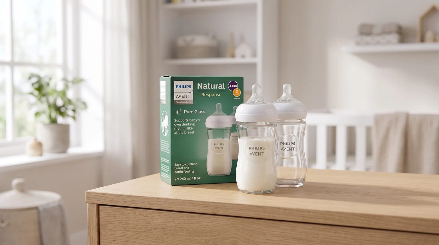 Two Philips Avent glass baby bottles, one full of milk, sitting next to their packaging on a wooden unit in a baby's nursery.