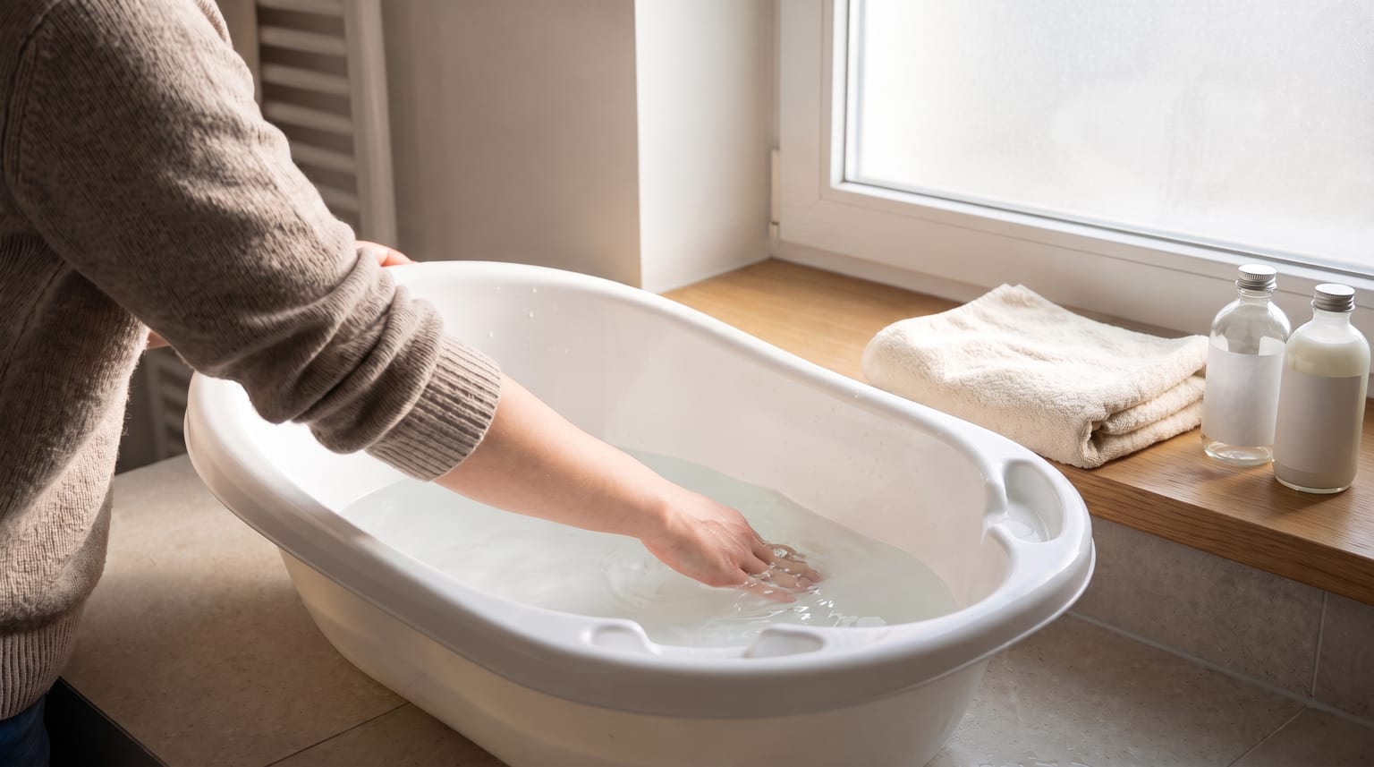 A person mixes shallow water in a white baby bath beside a folded towel and plain bath supplies.