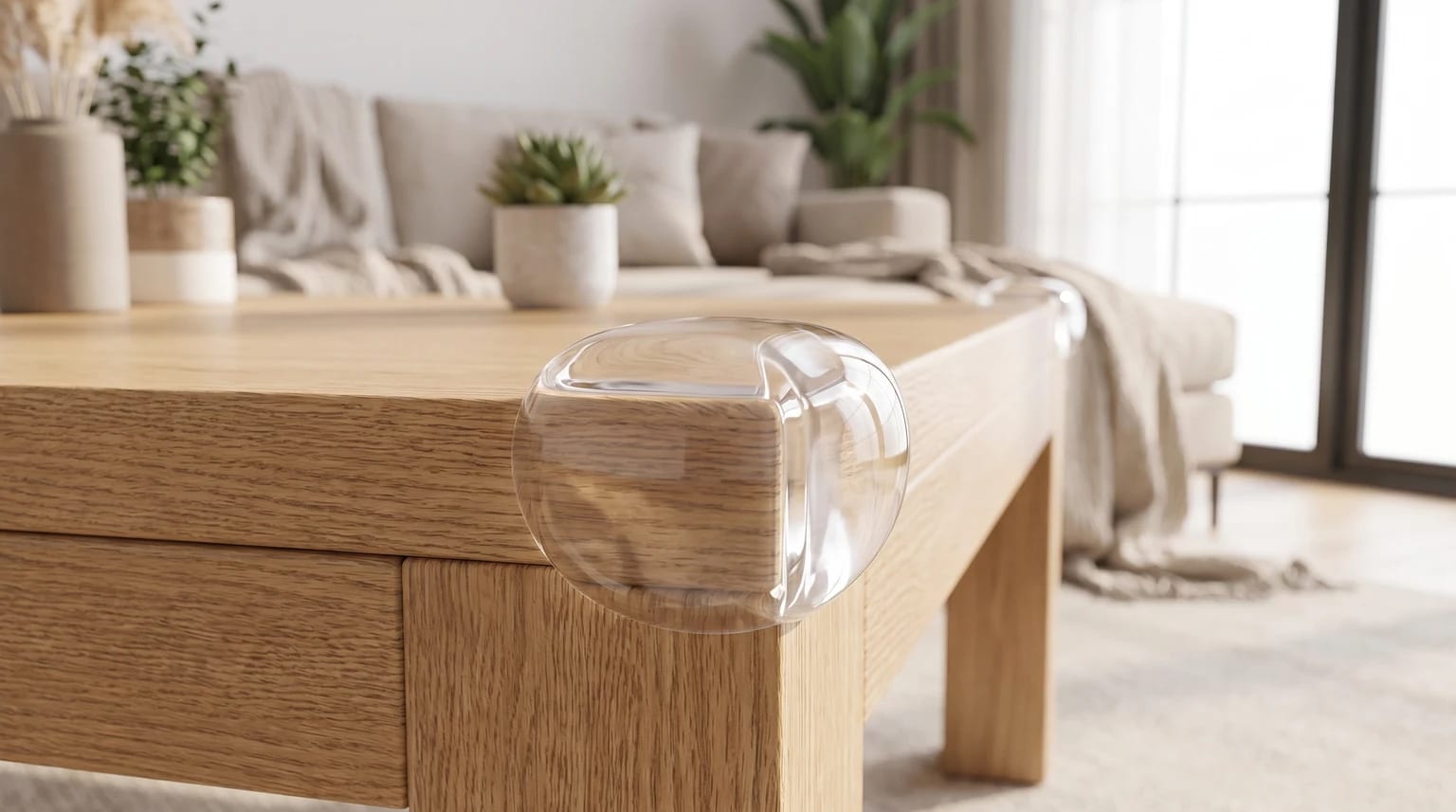 A clear, rounded corner protector fitted to the corner of a light oak coffee table in a modern living room.