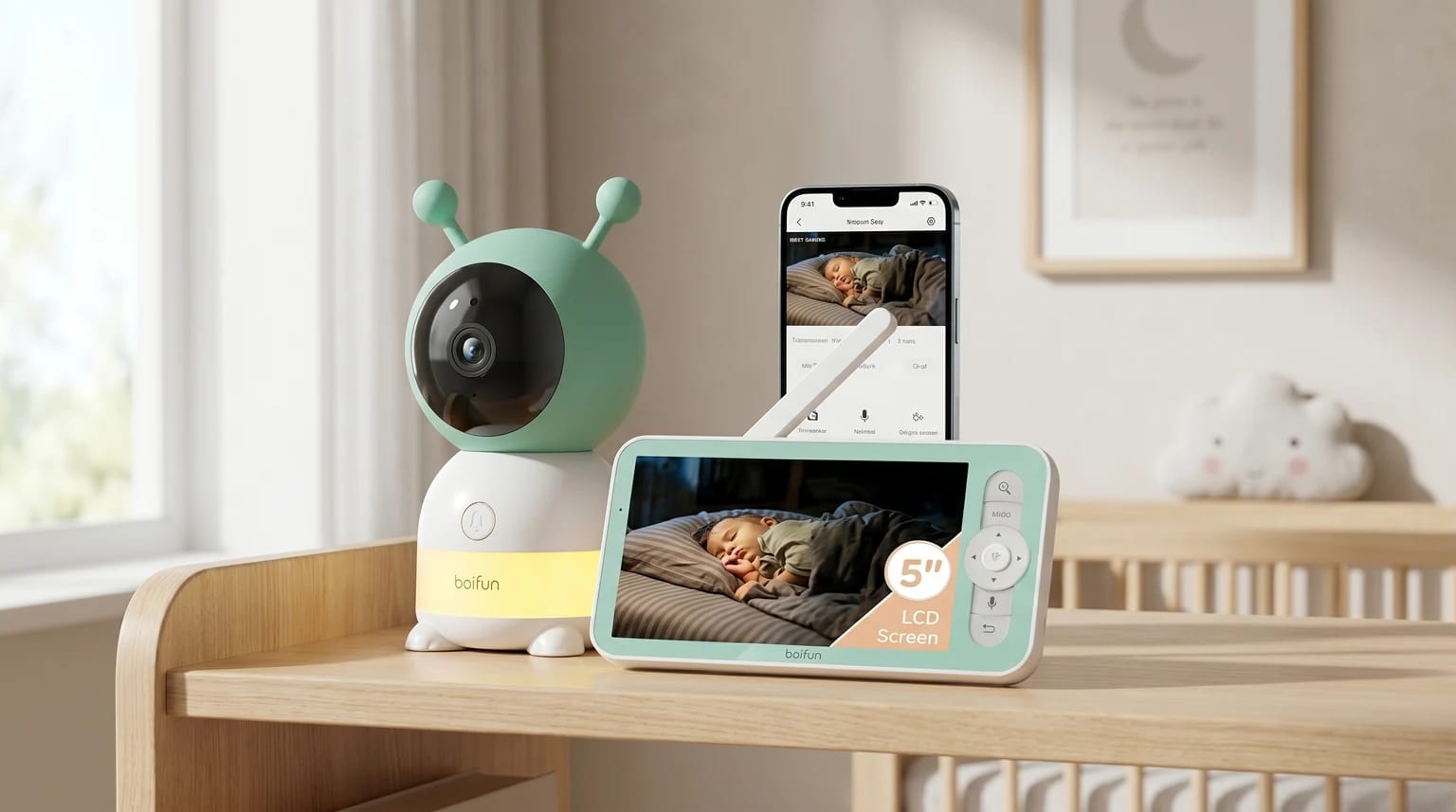 A mint green baby camera sits on a wooden shelf next to its parent unit and a smartphone, both screens showing a baby sleeping soundly in a cot.