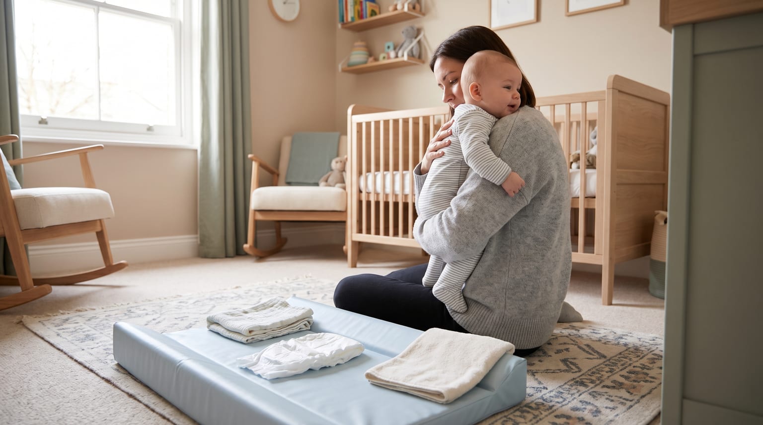 A parent holds a fully clothed baby beside a changing mat prepared with a clean nappy.