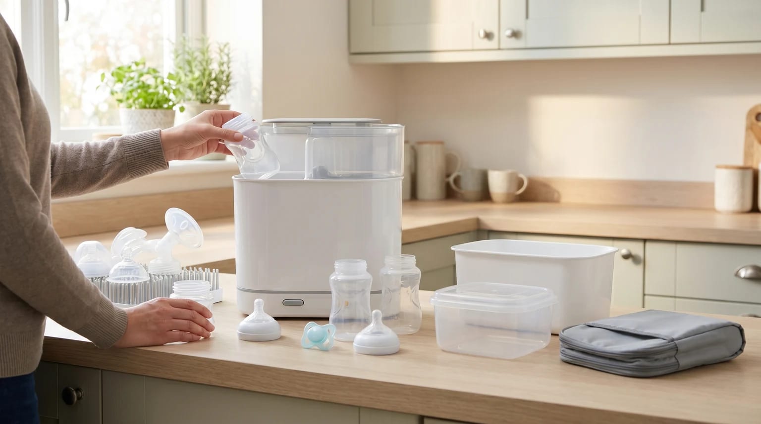 A person places a baby bottle into a white steriliser on a kitchen worktop, with other feeding equipment like bottles, teats, and a dummy laid out nearby.
