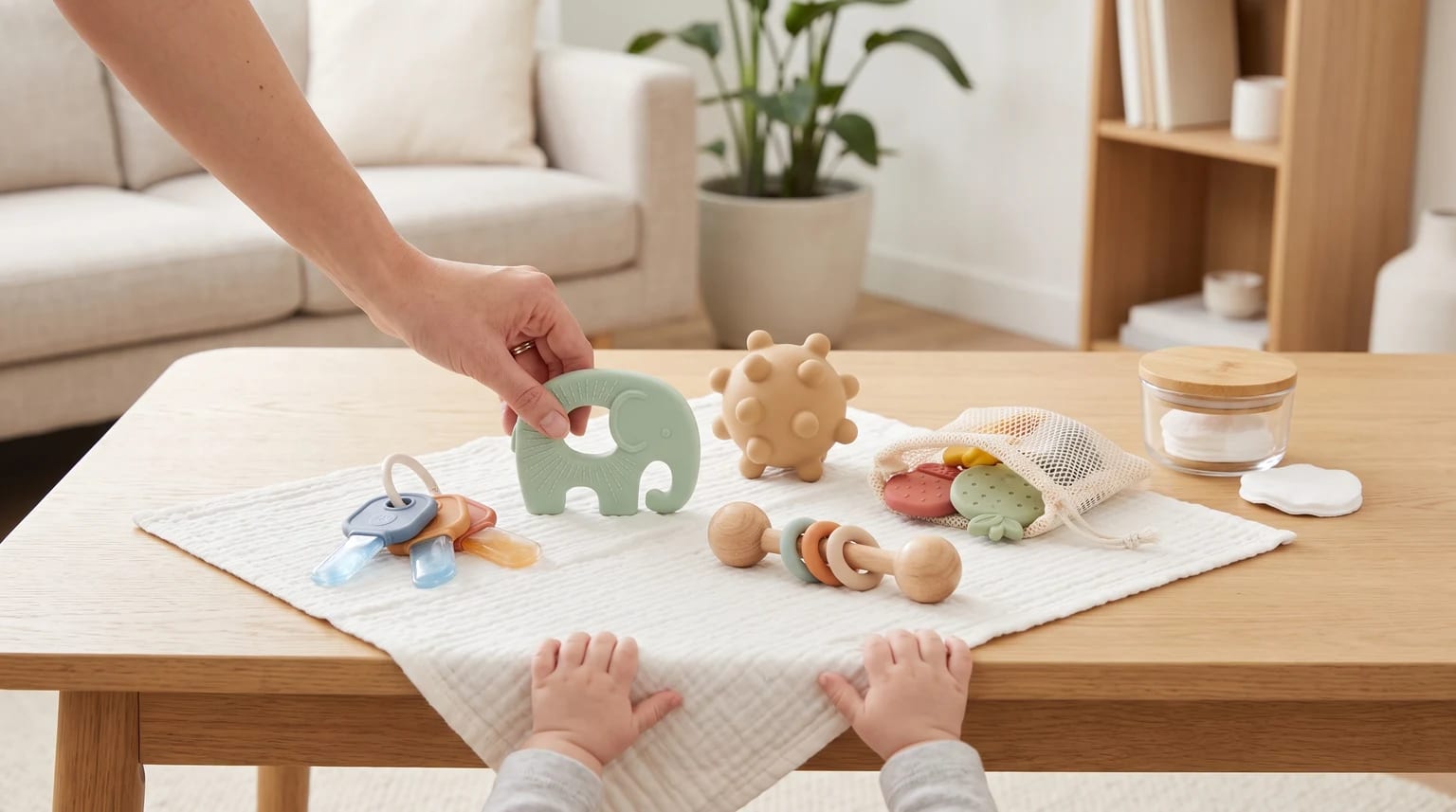 A caregiver places a green elephant teether onto a wooden table amongst other baby toys, as an infant's hands rest on the table's edge.
